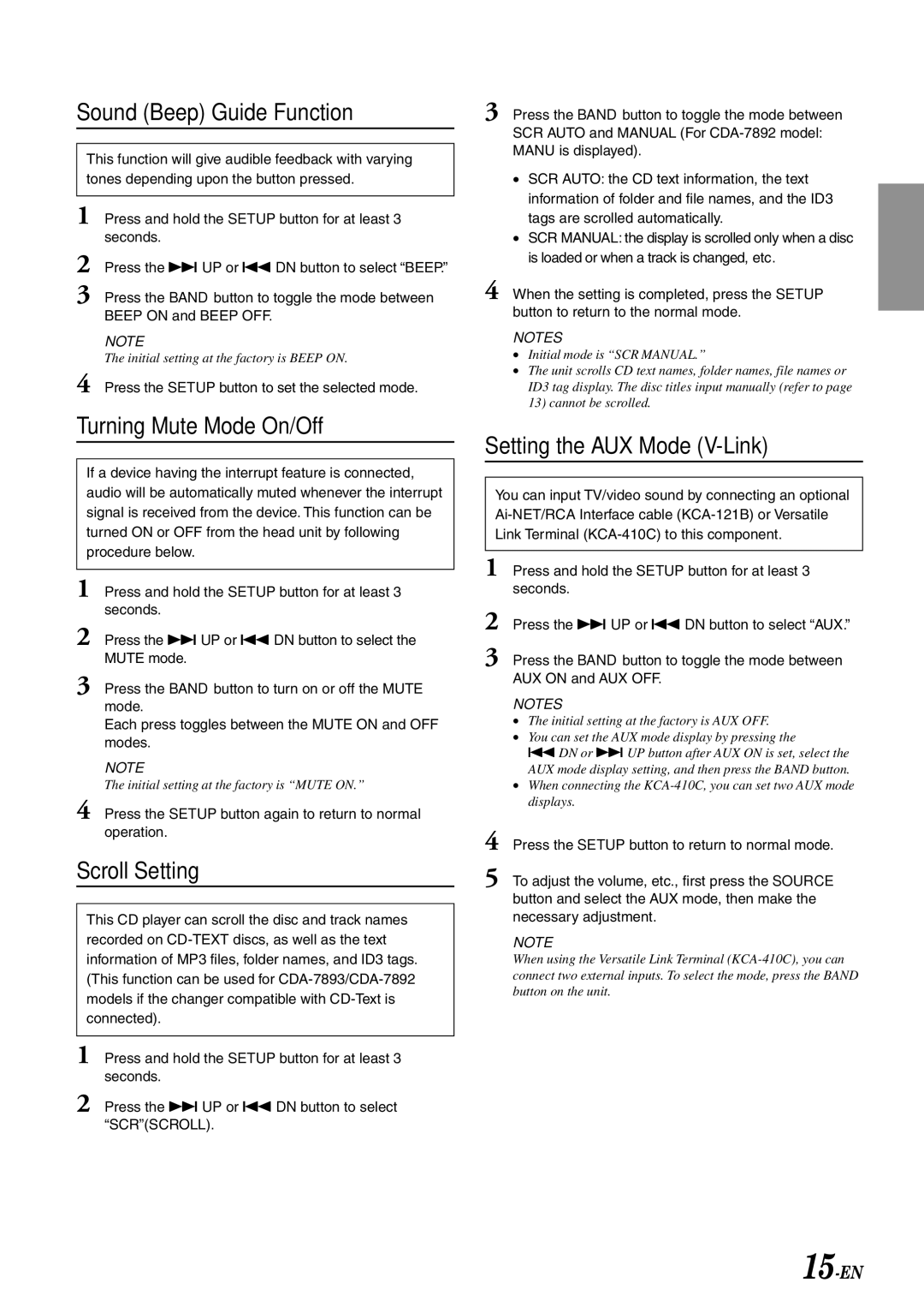 Alpine CDA-7892, CDA-7894 Sound Beep Guide Function, Turning Mute Mode On/Off, Scroll Setting, Setting the AUX Mode V-Link 