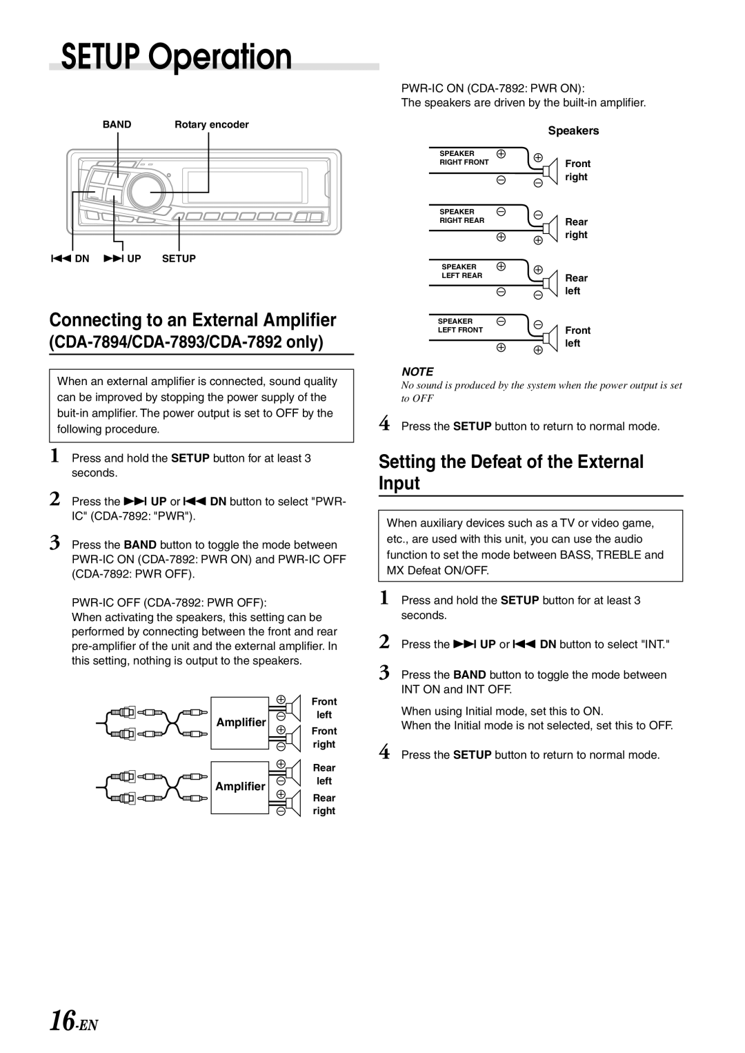 Alpine CDA-7894, CDA-7893, CDA-7892 Connecting to an External Amplifier, Setting the Defeat of the External Input 