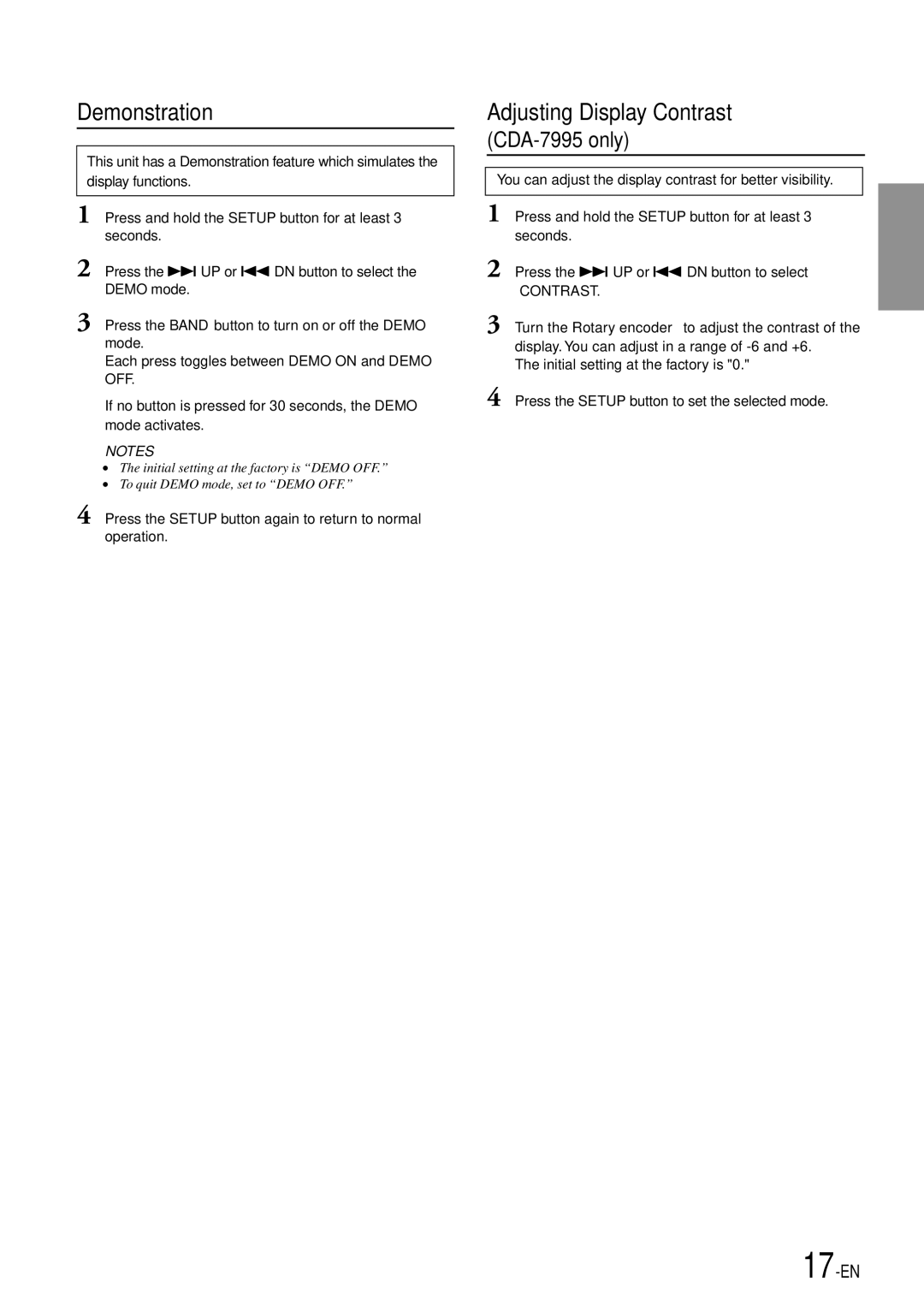Alpine CDA-7893, CDA-7894, CDA-7892 owner manual Demonstration, Adjusting Display Contrast, CDA-7995 only 