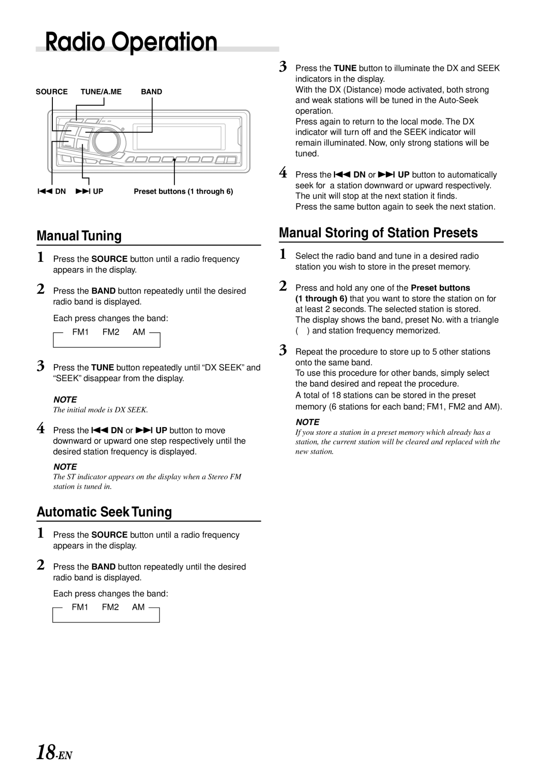 Alpine CDA-7892, CDA-7894 Radio Operation, Manual Tuning, Automatic Seek Tuning, Manual Storing of Station Presets 