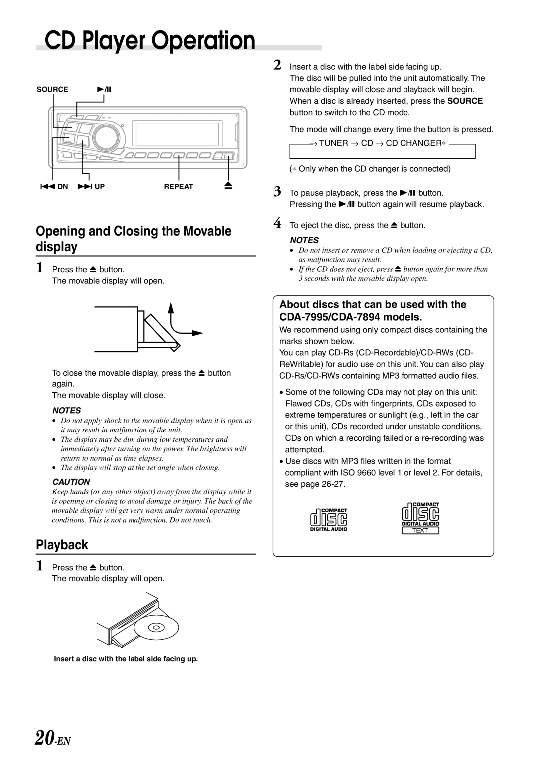 Alpine CDA-7893, CDA-7894, CDA-7892 owner manual CD Player Operation, Opening and Closing the Movable display, Playback 