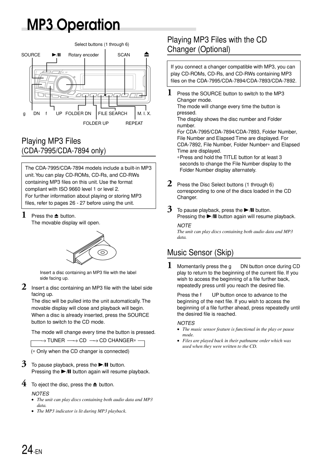 Alpine CDA-7892, CDA-7894, CDA-7893 owner manual MP3 Operation, Playing MP3 Files with the CD Changer Optional 