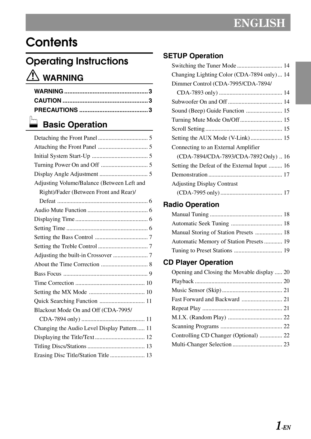 Alpine CDA-7894, CDA-7893, CDA-7892 owner manual Contents 