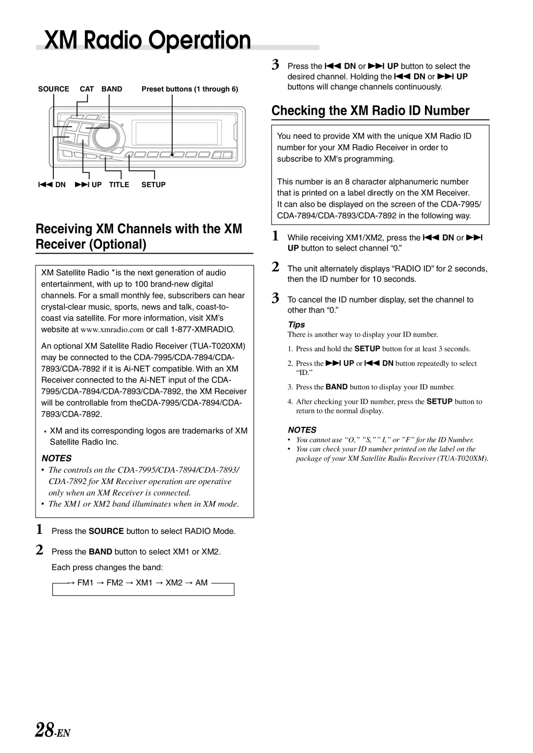 Alpine CDA-7894 XM Radio Operation, Receiving XM Channels with the XM Receiver Optional, Checking the XM Radio ID Number 