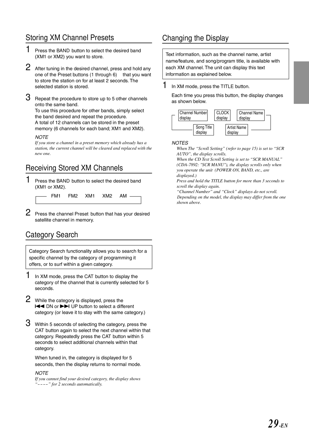 Alpine CDA-7893, CDA-7894 Storing XM Channel Presets, Receiving Stored XM Channels, Category Search, Changing the Display 