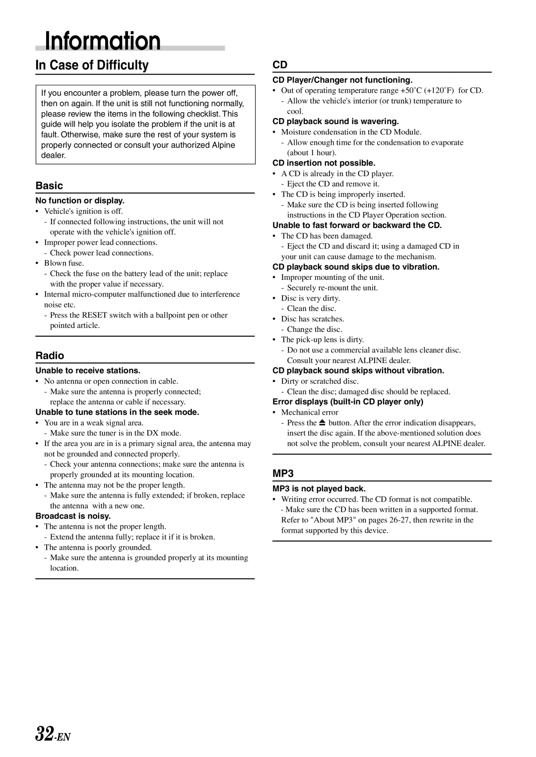 Alpine CDA-7893, CDA-7894, CDA-7892 owner manual Information, Case of Difficulty 