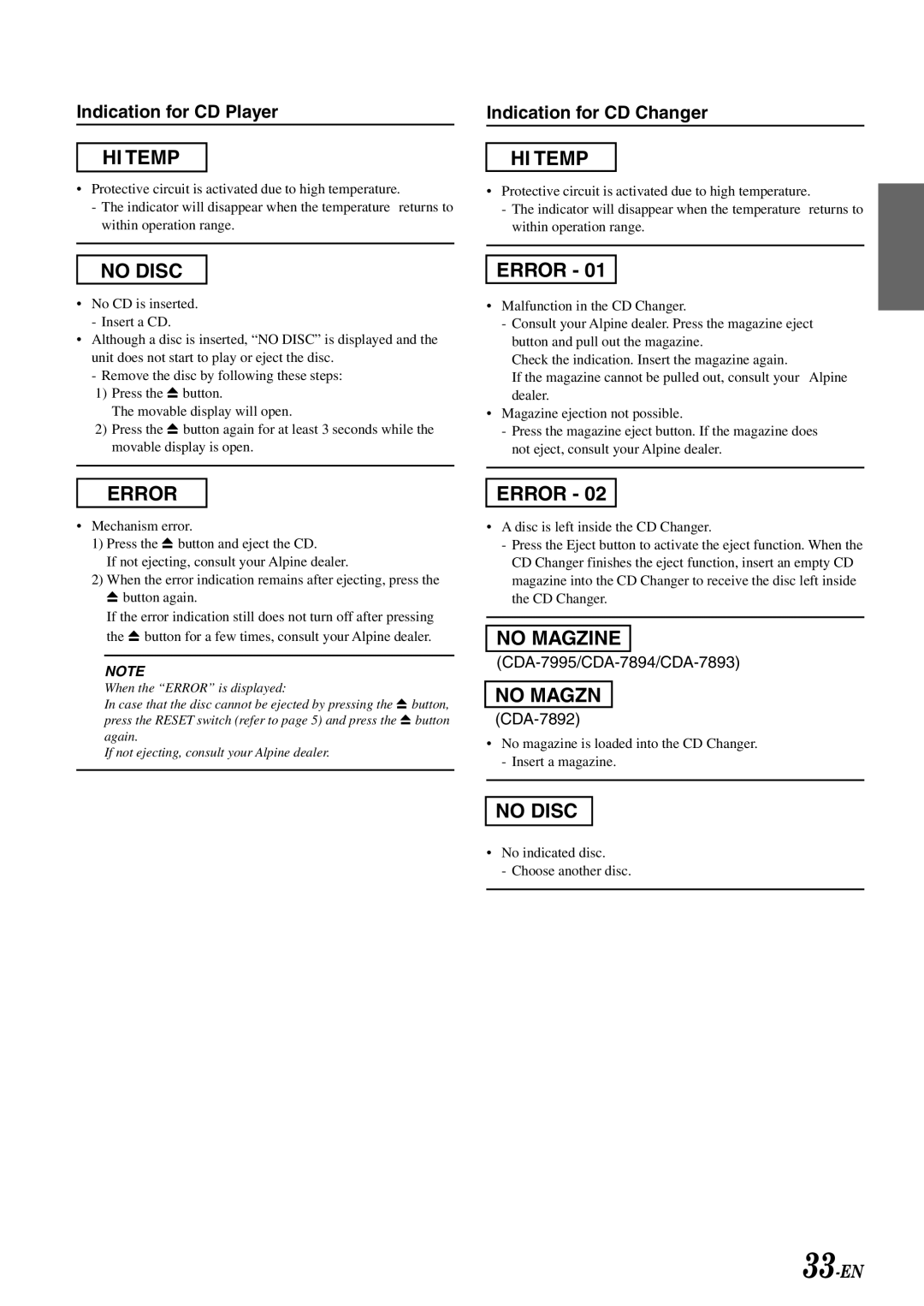 Alpine CDA-7892, CDA-7894, CDA-7893 owner manual No Magzine 