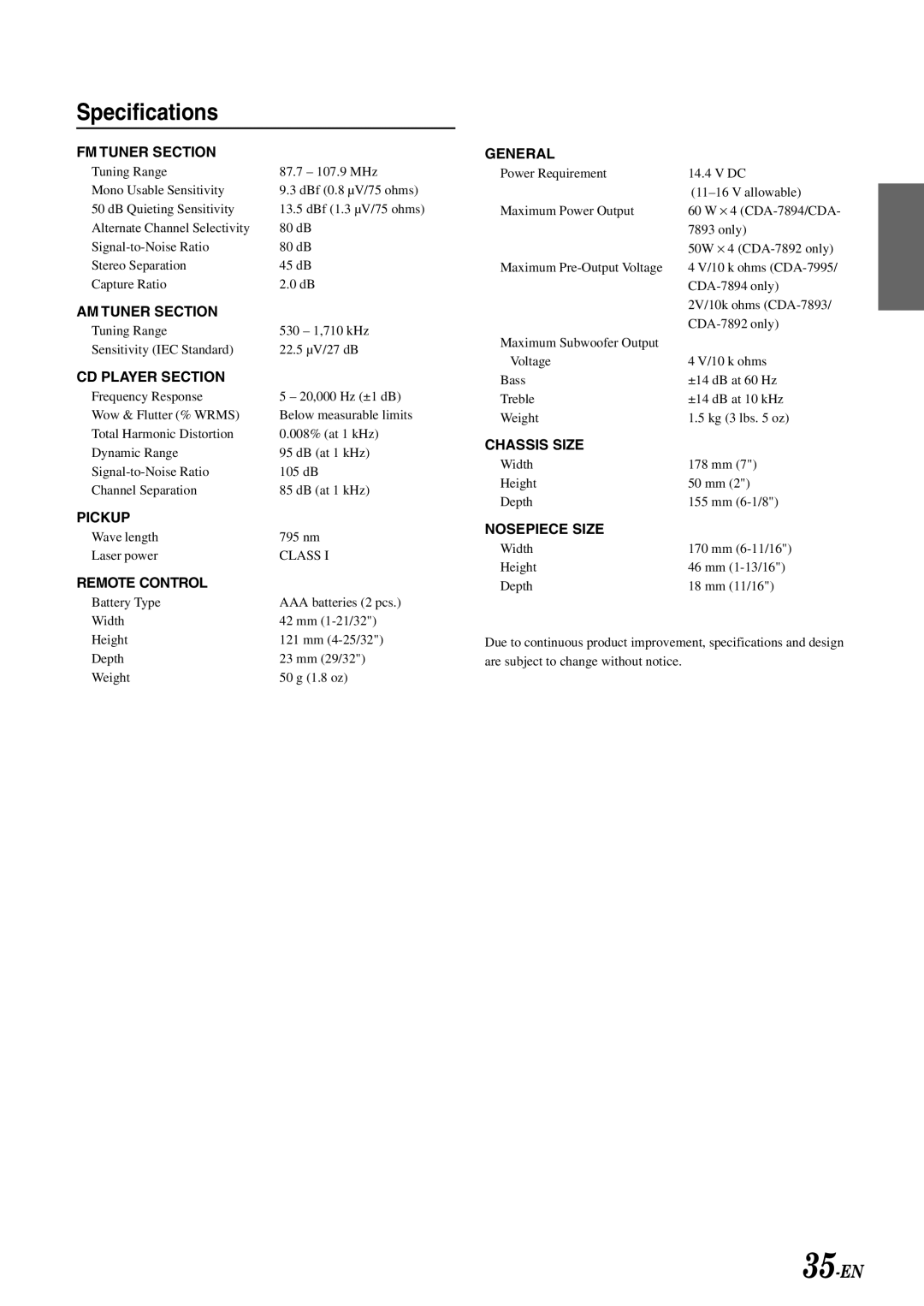 Alpine CDA-7893, CDA-7894, CDA-7892 owner manual Specifications, FM Tuner Section 