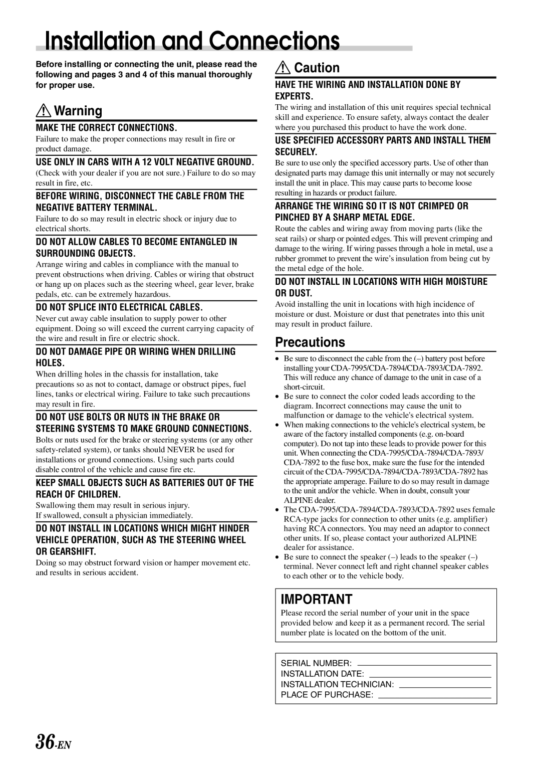 Alpine CDA-7892, CDA-7894, CDA-7893 owner manual Installation and Connections, Precautions 