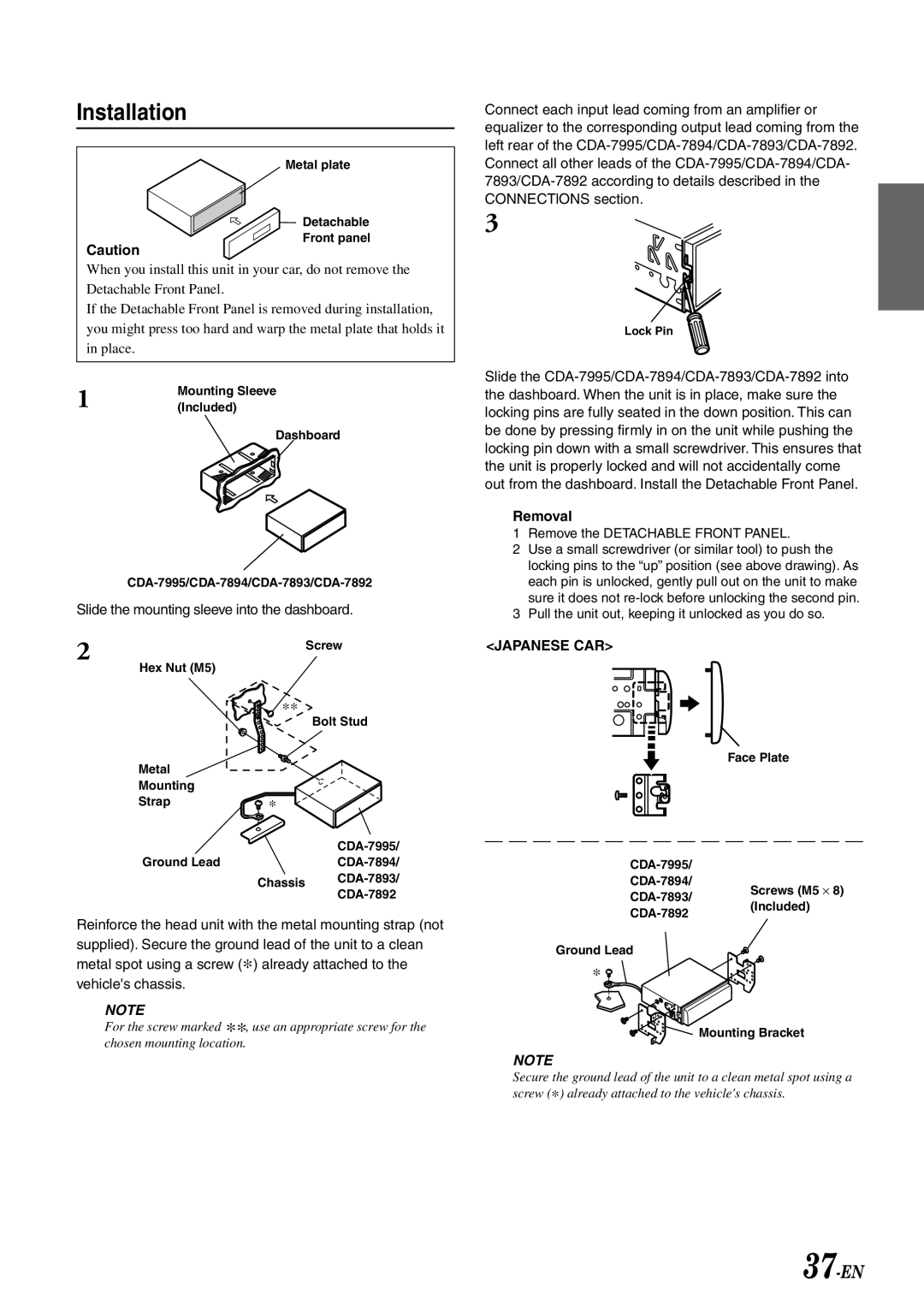 Alpine CDA-7894, CDA-7893, CDA-7892 owner manual Installation, Removal 