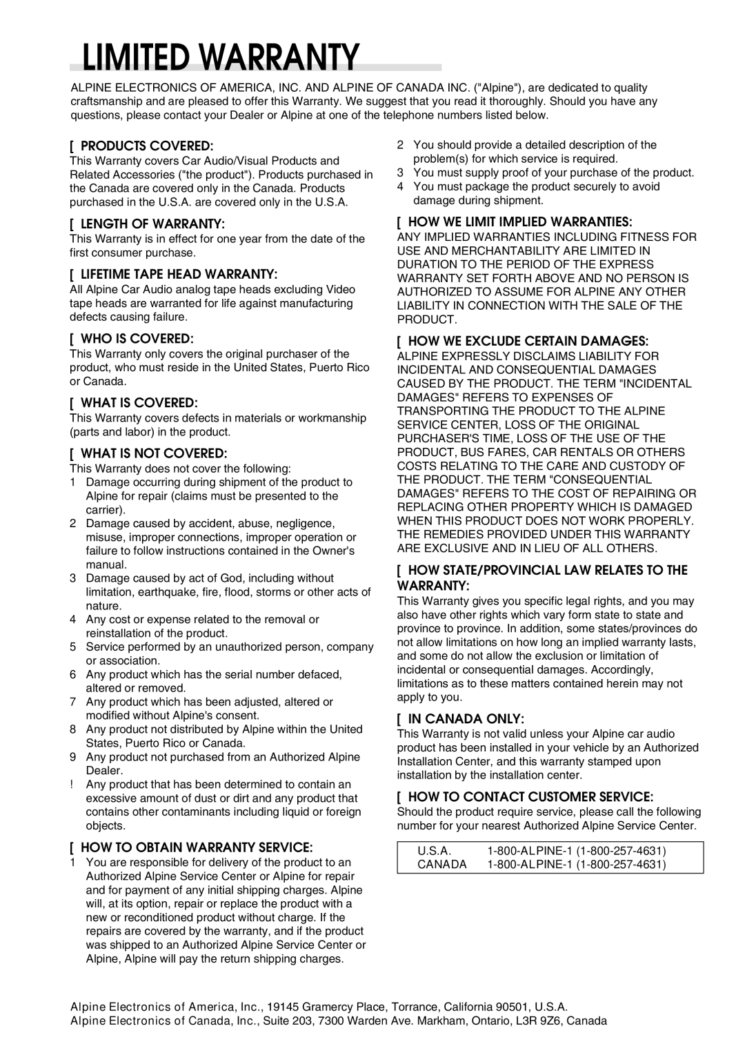 Alpine CDA-7893, CDA-7894, CDA-7892 owner manual Limited Warranty, ALPINE-1 