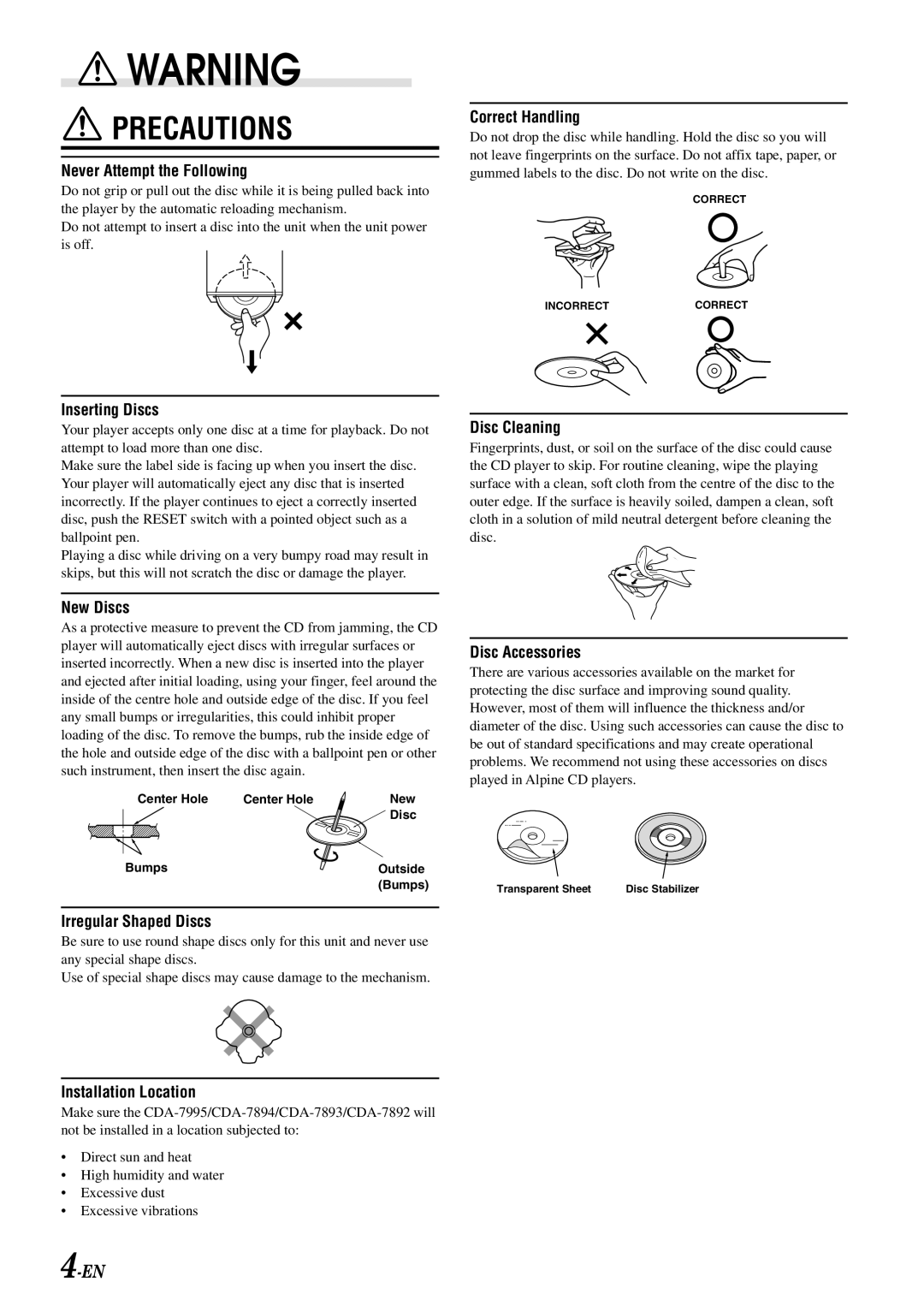 Alpine CDA-7894, CDA-7893, CDA-7892 owner manual Never Attempt the Following 