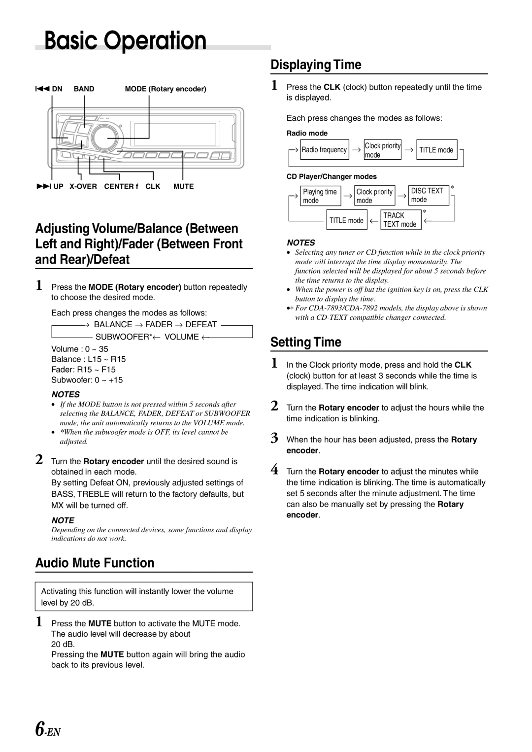 Alpine CDA-7892, CDA-7894, CDA-7893 owner manual Audio Mute Function, Displaying Time, Setting Time 