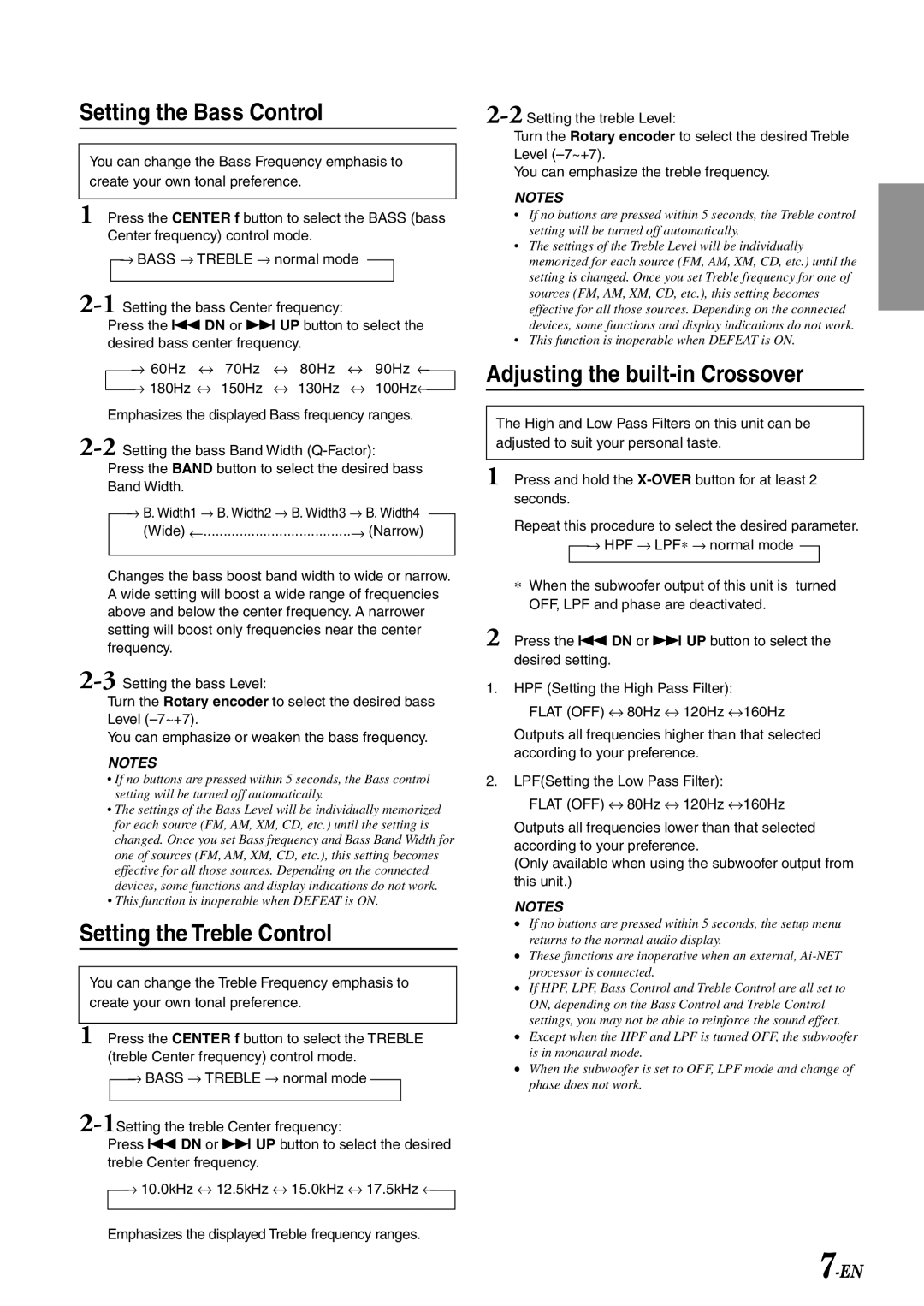 Alpine CDA-7894, CDA-7893, CDA-7892 Setting the Bass Control, Setting the Treble Control, Adjusting the built-in Crossover 
