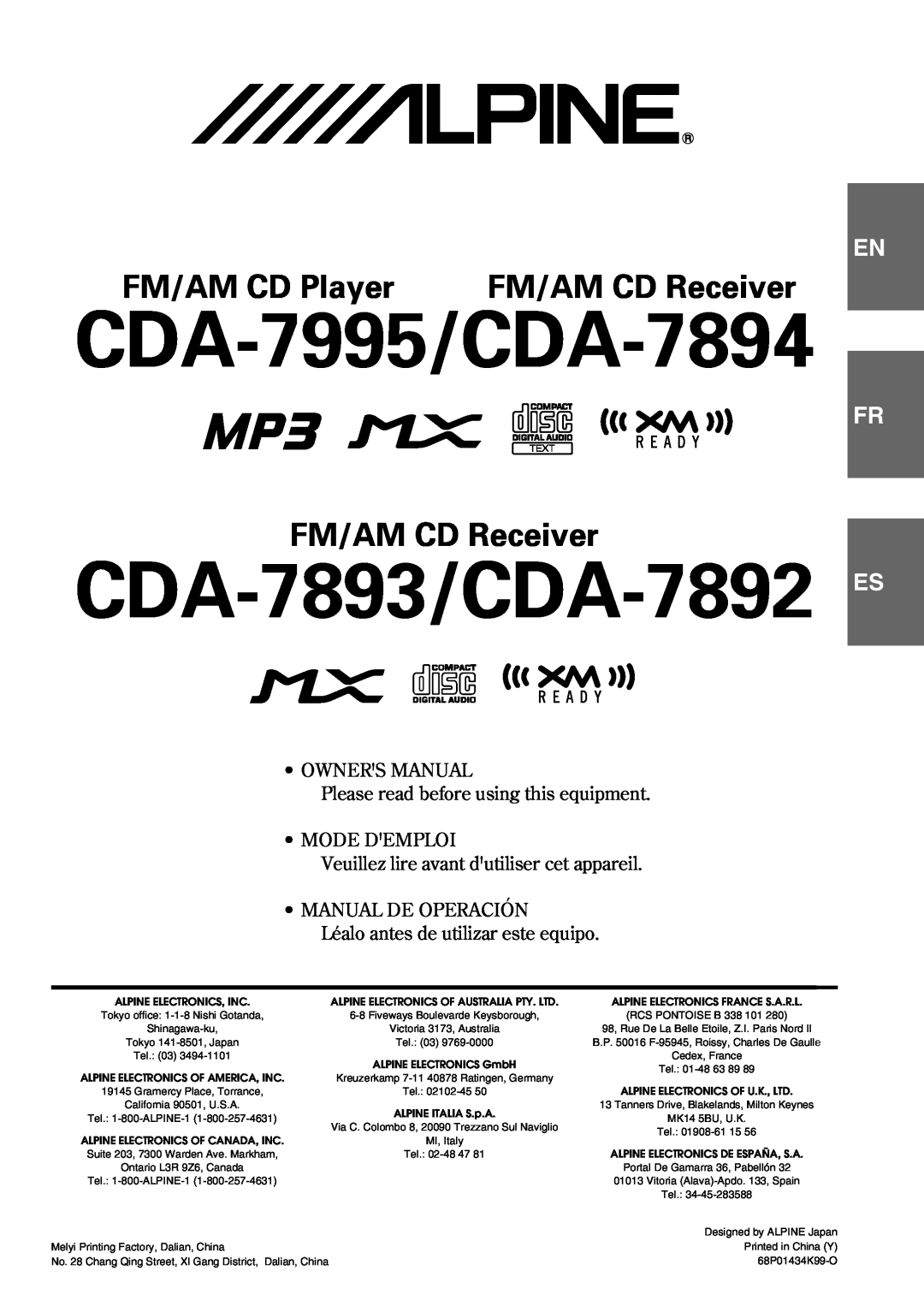 Alpine owner manual CDA-7995/CDA-7894, CDA-7893/CDA-7892, FM/AM CD Player, FM/AM CD Receiver, Fr Es, Mode Demploi 