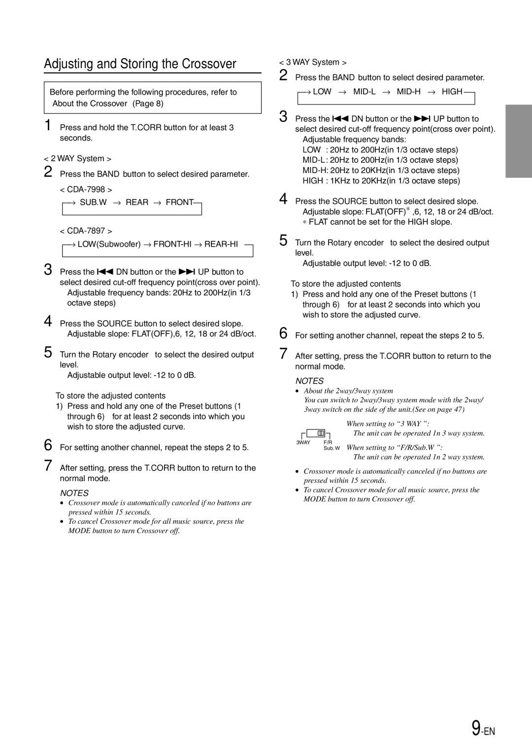 Alpine CDA-7897 owner manual Adjusting and Storing the Crossover, WAY System, CDA-7998, To store the adjusted contents 