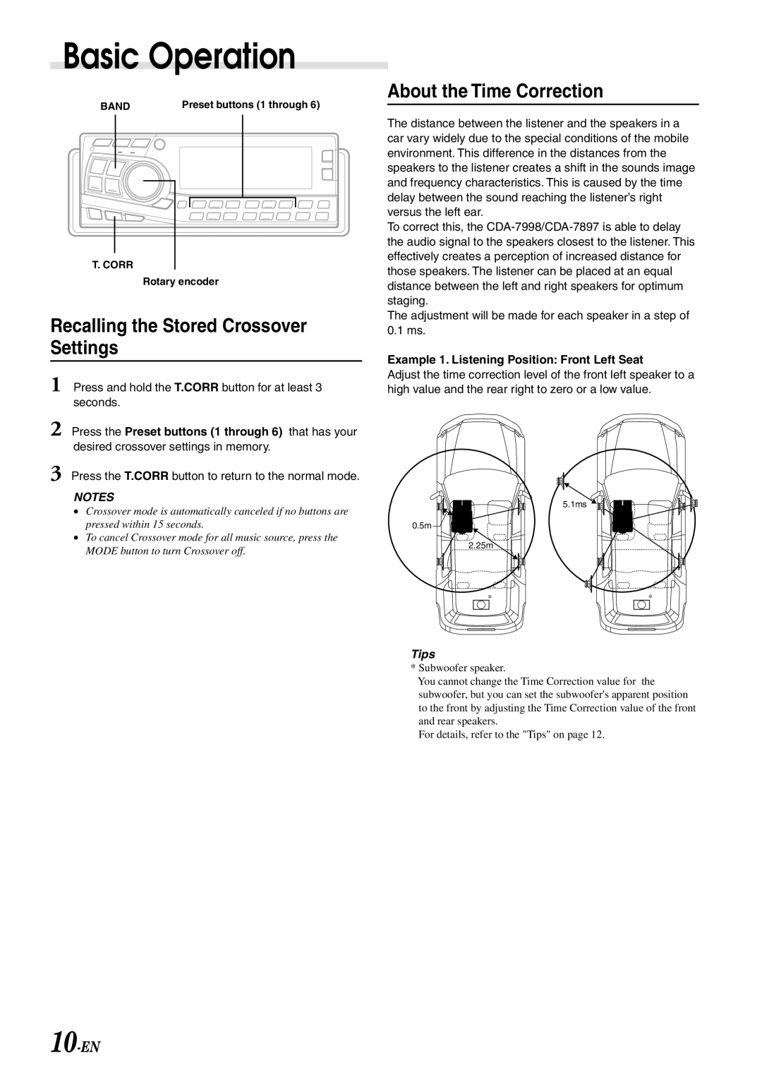 Alpine CDA-7897 owner manual Recalling the Stored Crossover Settings, About the Time Correction 