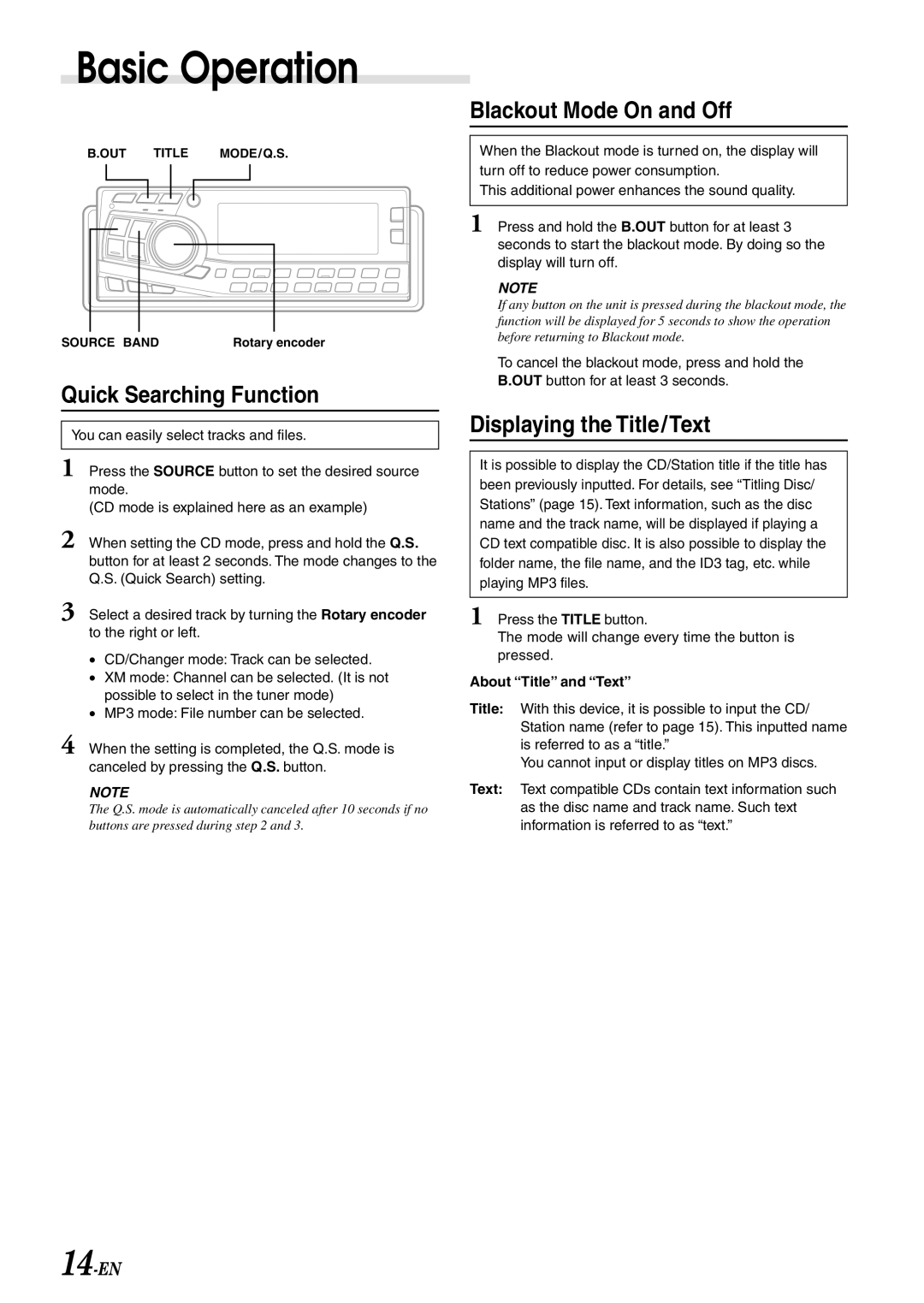 Alpine CDA-7897 Quick Searching Function, Blackout Mode On and Off, Displaying the Title/Text, About Title and Text 