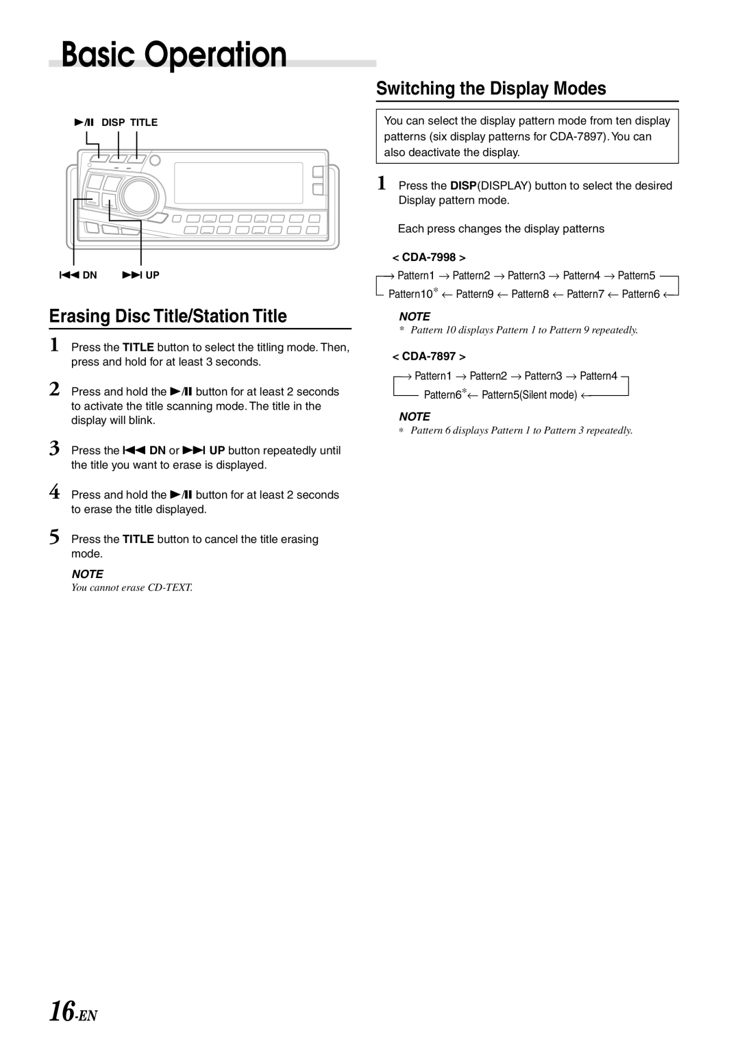 Alpine CDA-7897 owner manual Erasing Disc Title/Station Title, Switching the Display Modes 