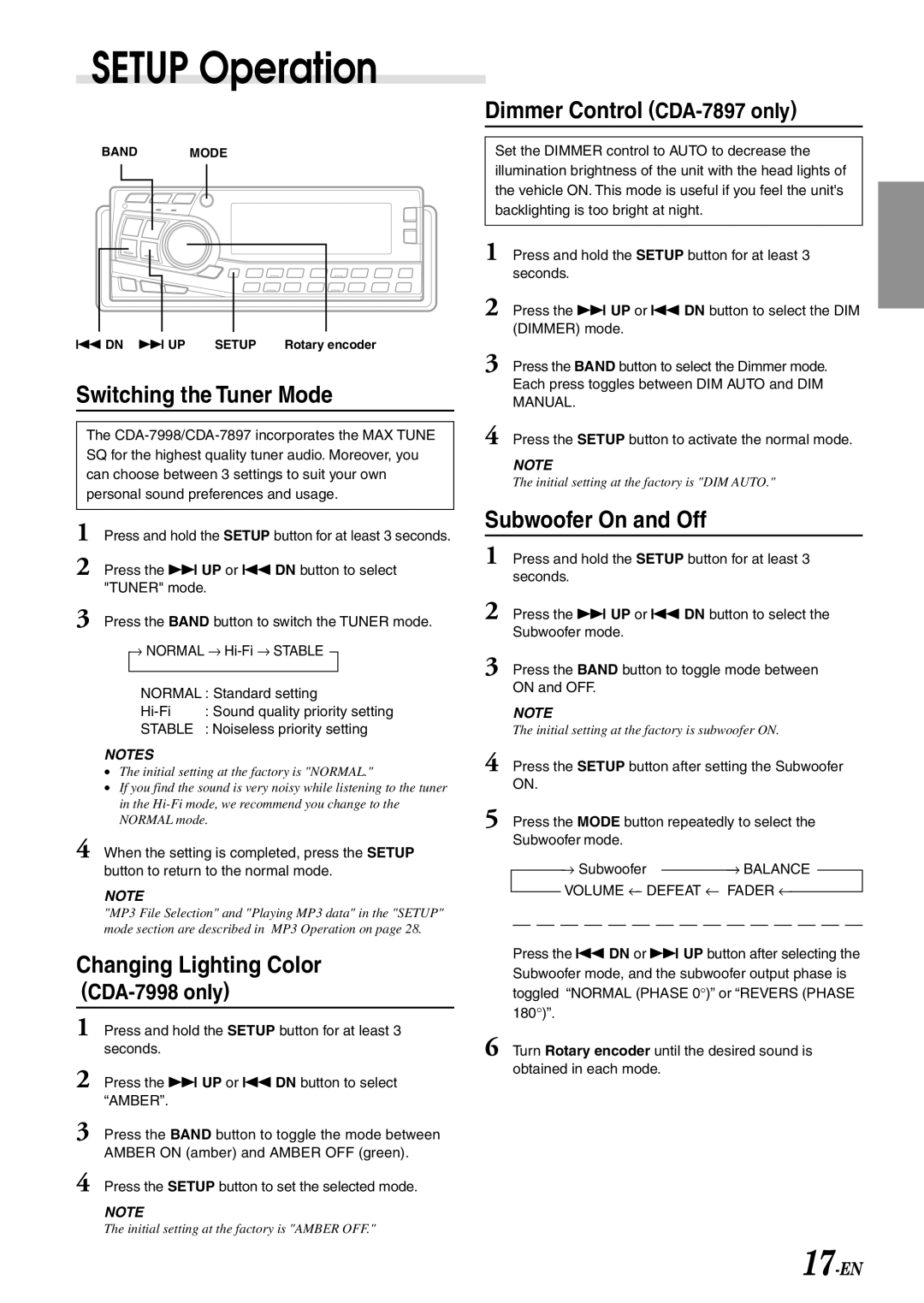 Alpine owner manual Setup Operation, Switching the Tuner Mode, Changing Lighting Color, Dimmer Control CDA-7897 only 