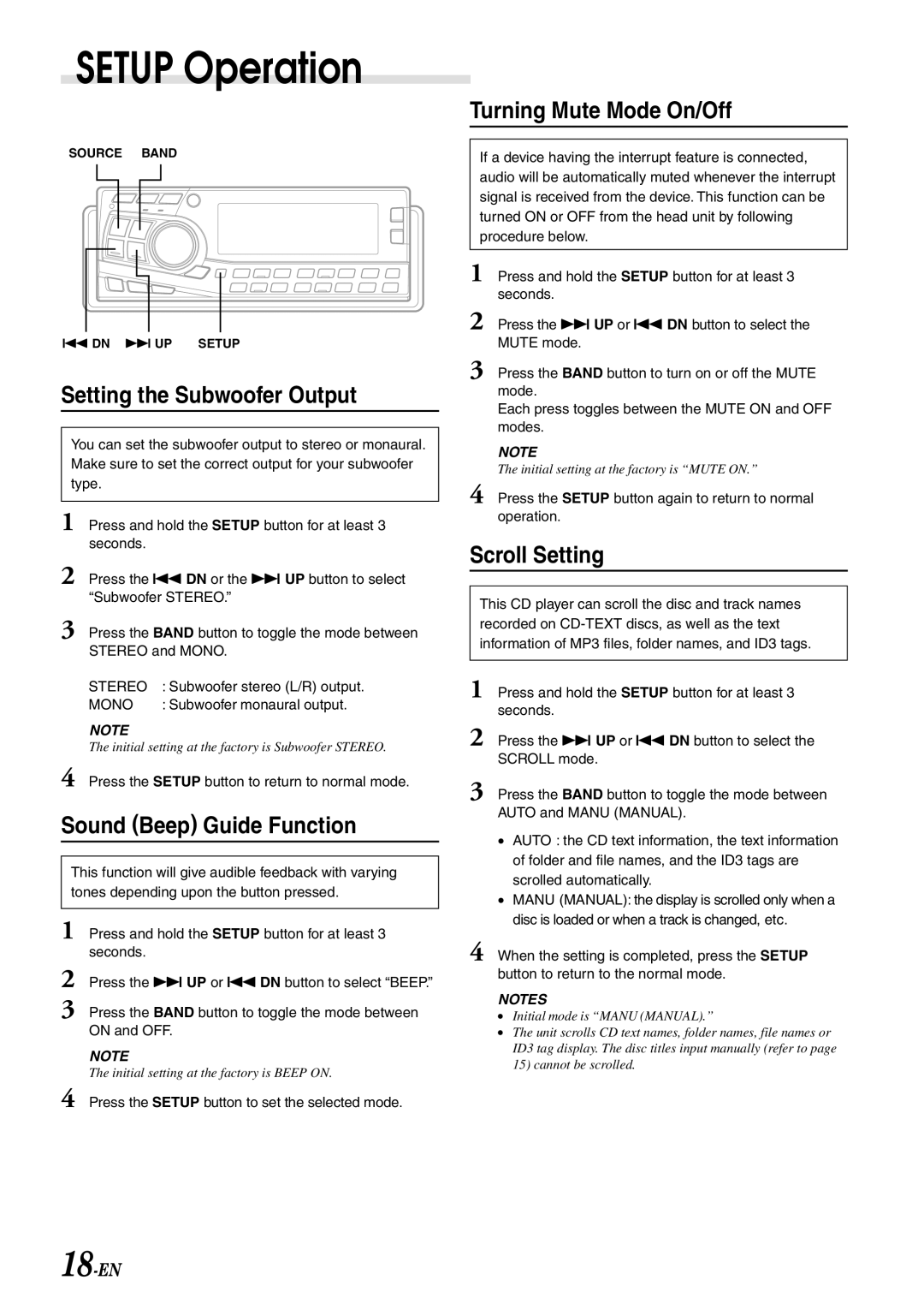 Alpine CDA-7897 Setting the Subwoofer Output, Sound Beep Guide Function, Turning Mute Mode On/Off, Scroll Setting 