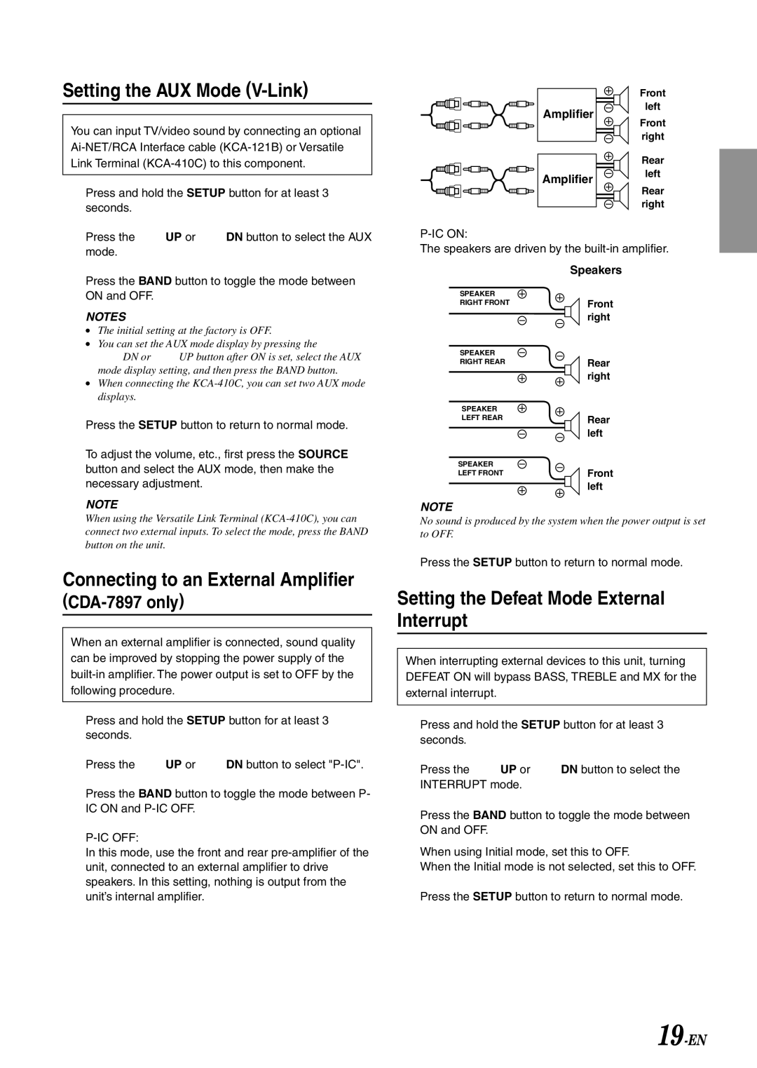 Alpine owner manual Setting the AUX Mode V-Link, Connecting to an External Amplifier, CDA-7897 only 