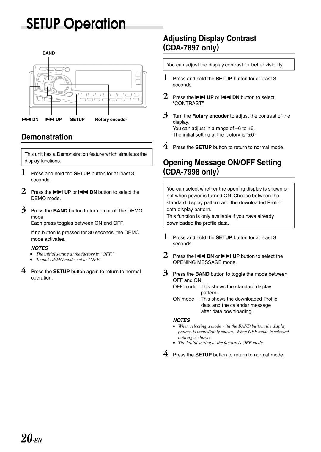 Alpine Demonstration, Adjusting Display Contrast CDA-7897 only, Opening Message ON/OFF Setting CDA-7998 only 