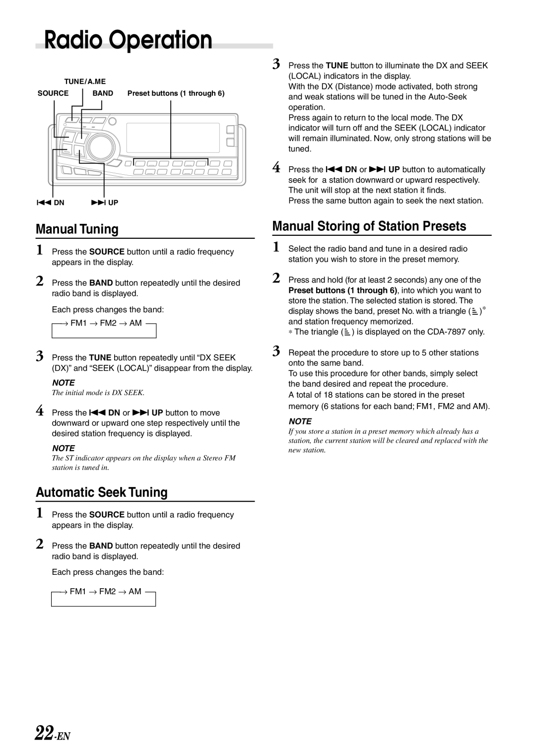 Alpine CDA-7897 owner manual Radio Operation, Manual Tuning, Automatic Seek Tuning, Manual Storing of Station Presets 