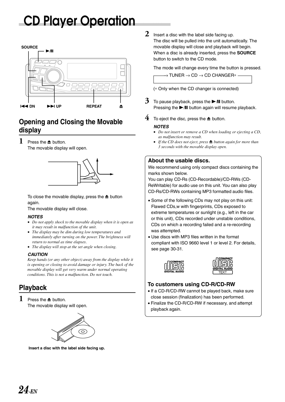 Alpine CDA-7897 owner manual CD Player Operation, Opening and Closing the Movable display, Playback, About the usable discs 