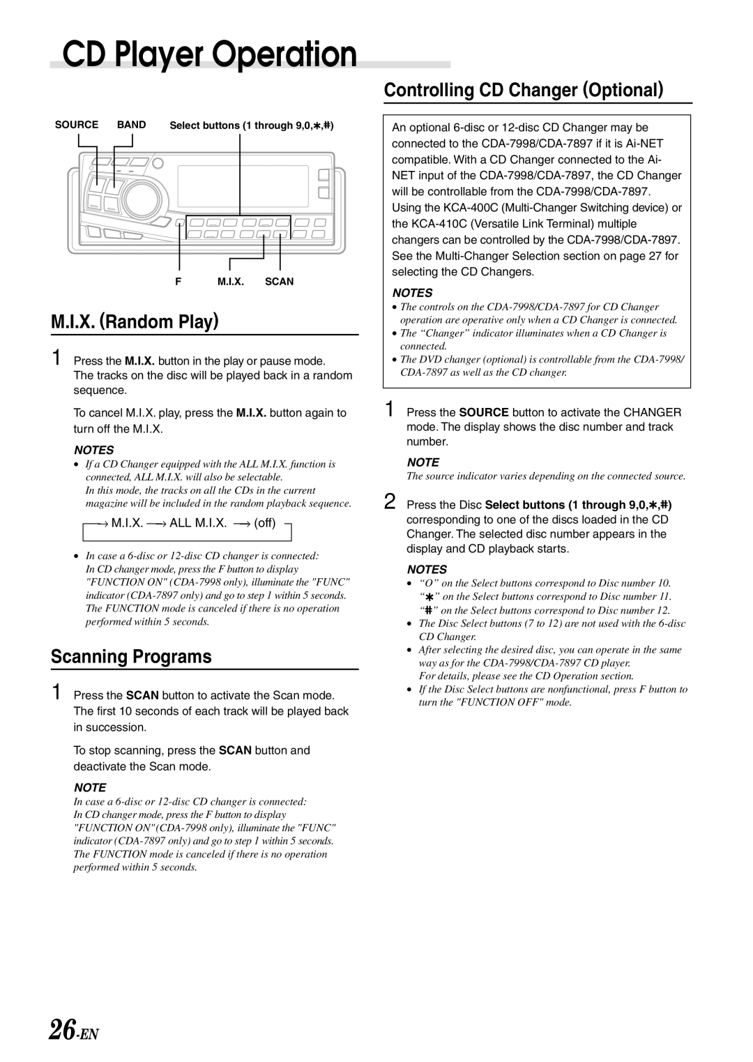 Alpine CDA-7897 X. Random Play, Scanning Programs, Controlling CD Changer Optional, → M.I.X. → ALL M.I.X. → off 