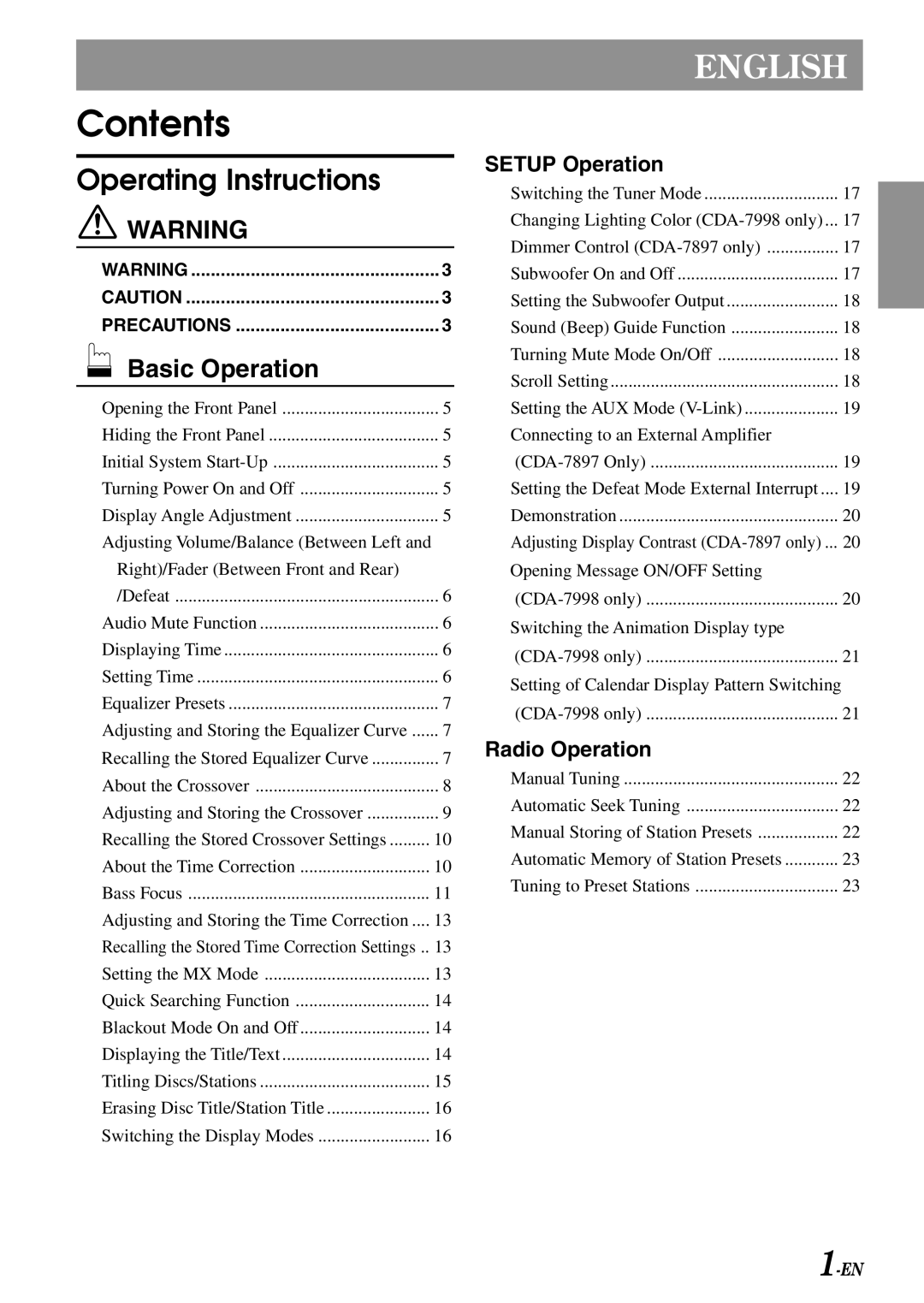 Alpine CDA-7897 owner manual Contents 