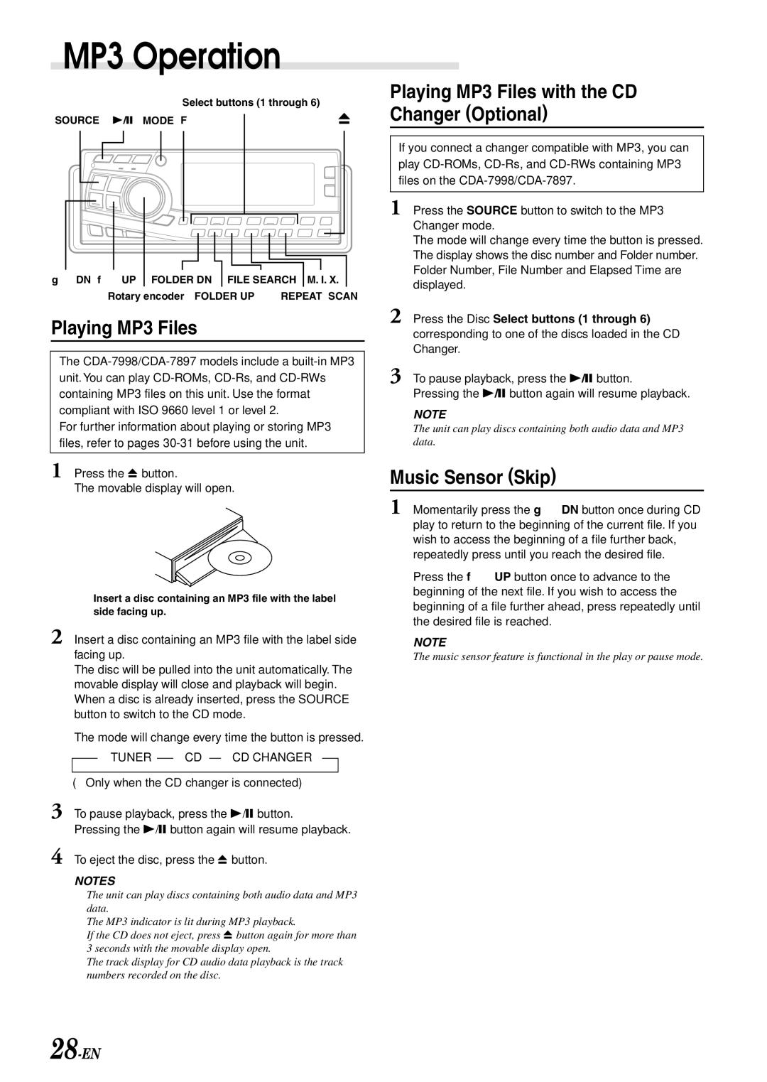 Alpine CDA-7897 owner manual Playing MP3 Files with the CD Changer Optional, → CD CHANGER∗ → Tuner 