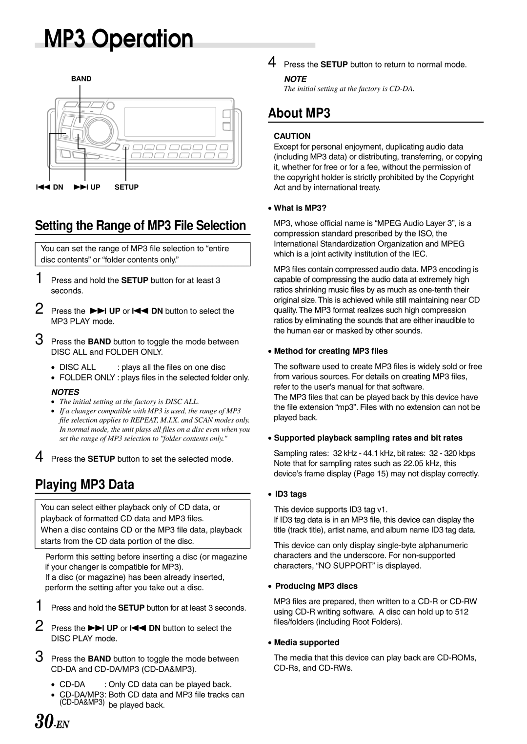 Alpine CDA-7897 owner manual MP3 Operation, Playing MP3 Data, About MP3, Setting the Range of MP3 File Selection 