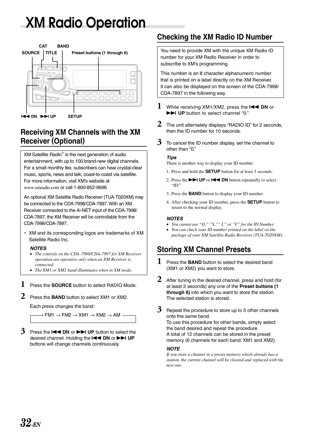 Alpine CDA-7897 XM Radio Operation, Receiving XM Channels with the XM Receiver Optional, Checking the XM Radio ID Number 