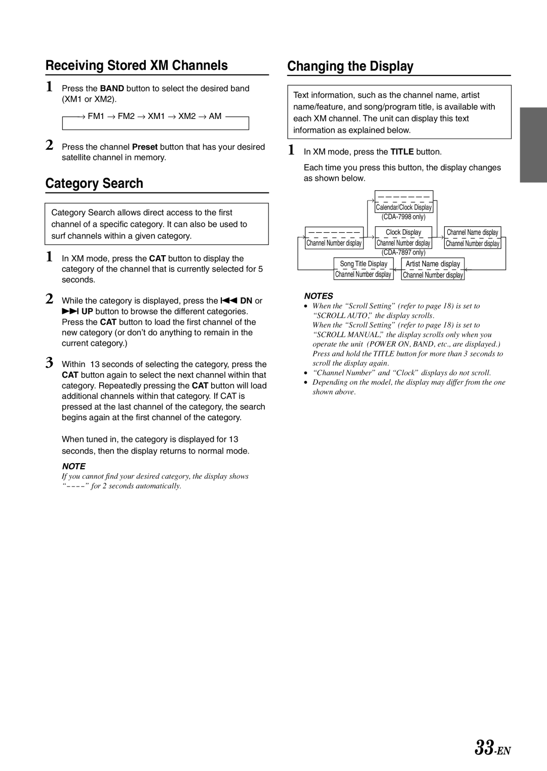 Alpine CDA-7897 owner manual Receiving Stored XM Channels, Category Search, Changing the Display 