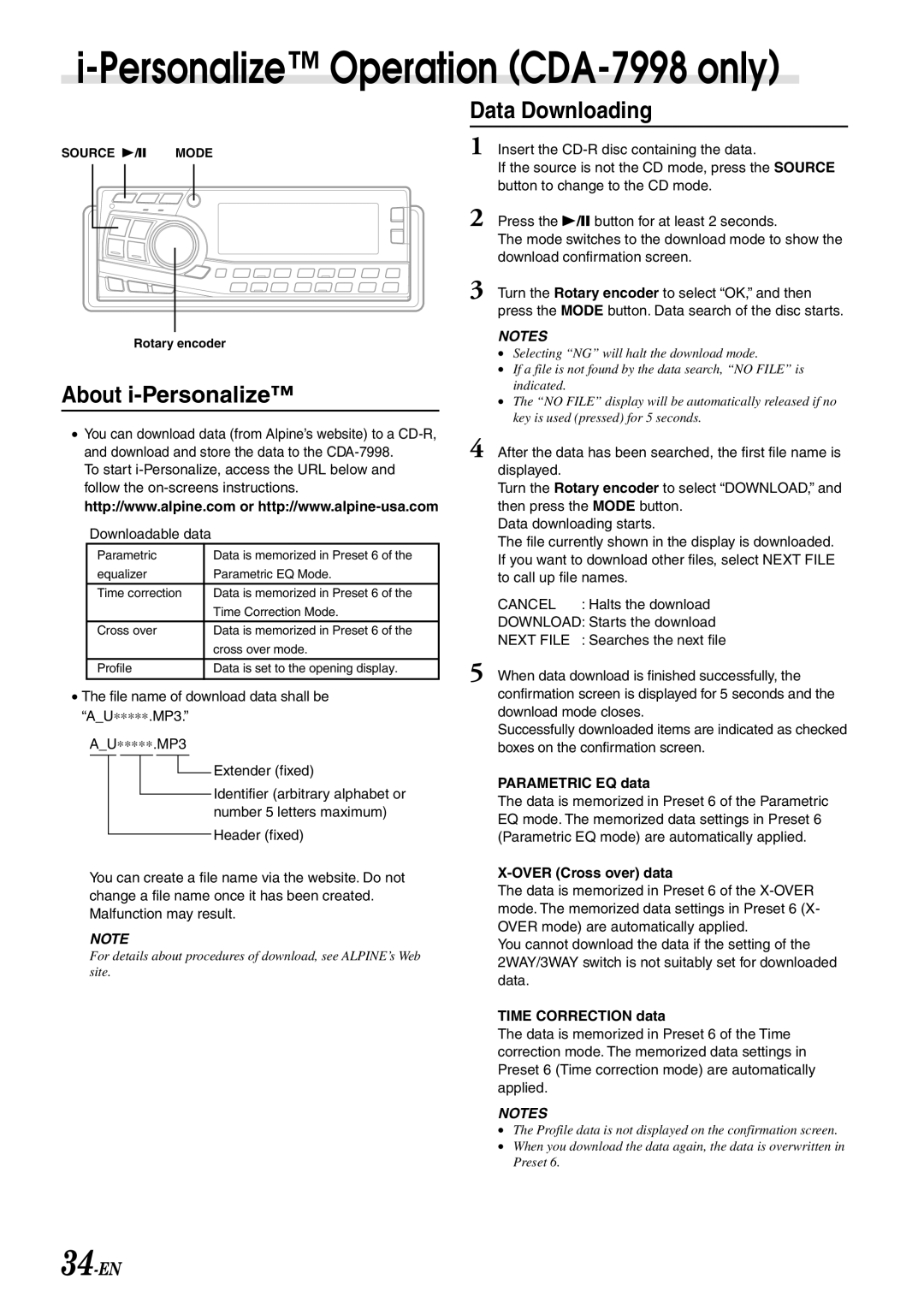 Alpine CDA-7897 owner manual Personalize Operation CDA-7998 only, Data Downloading, About i-Personalize 