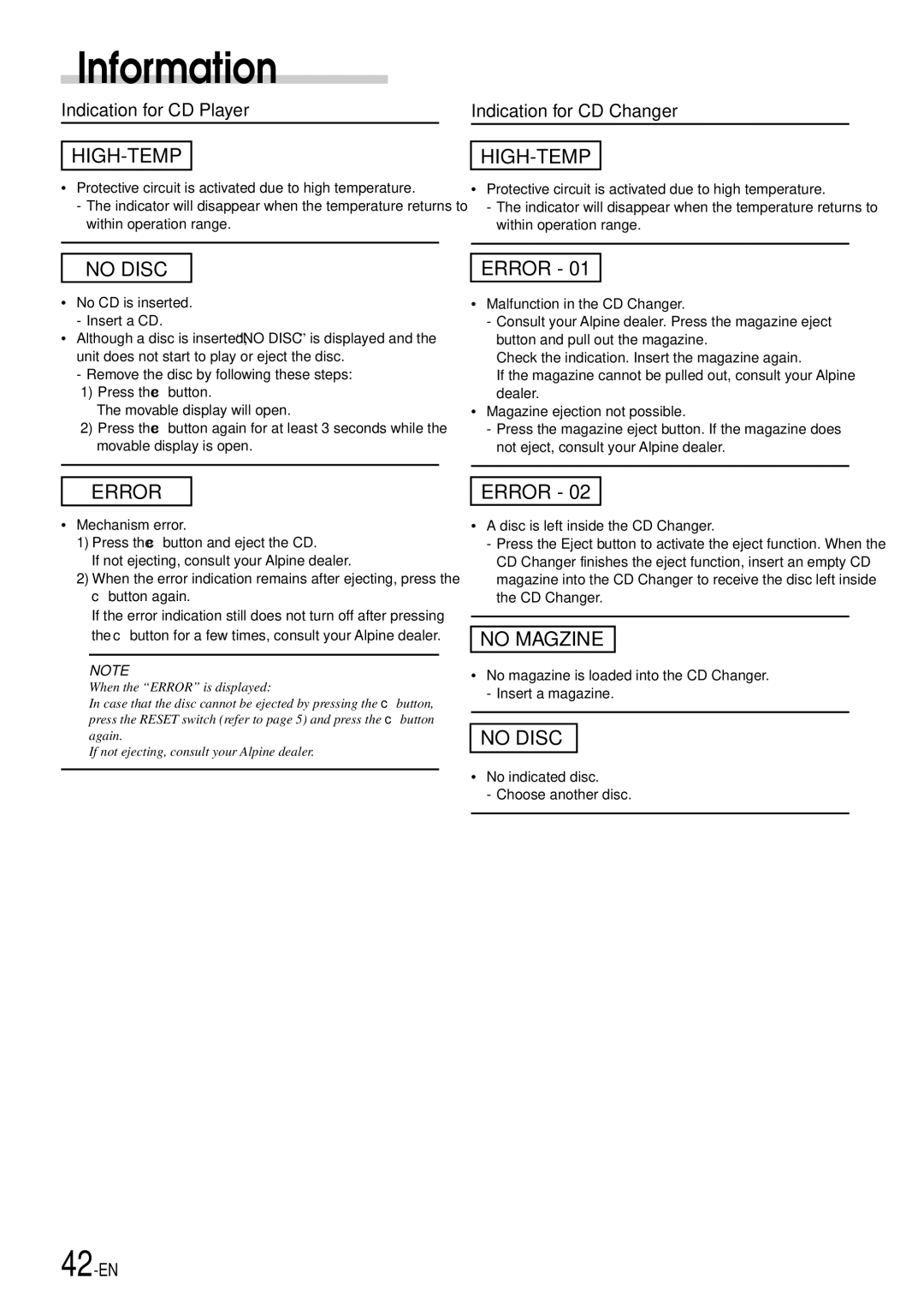 Alpine CDA-7897 owner manual Indication for CD Player, Indication for CD Changer 