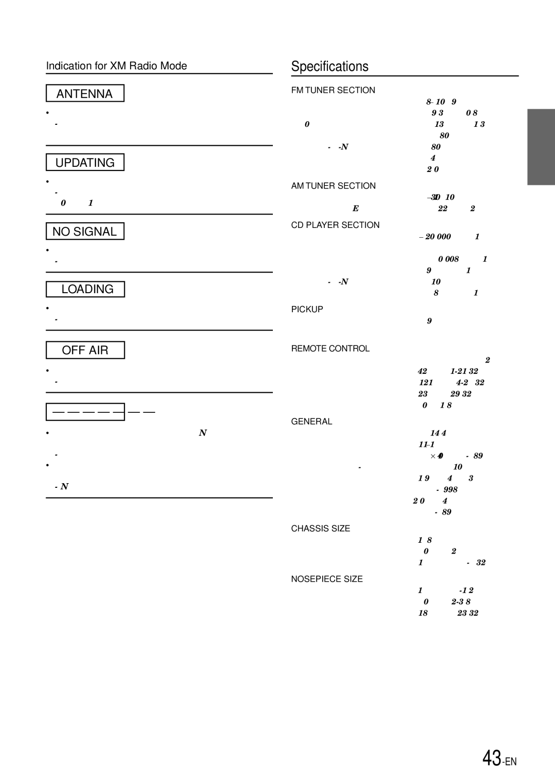 Alpine CDA-7897 owner manual Specifications, Indication for XM Radio Mode 