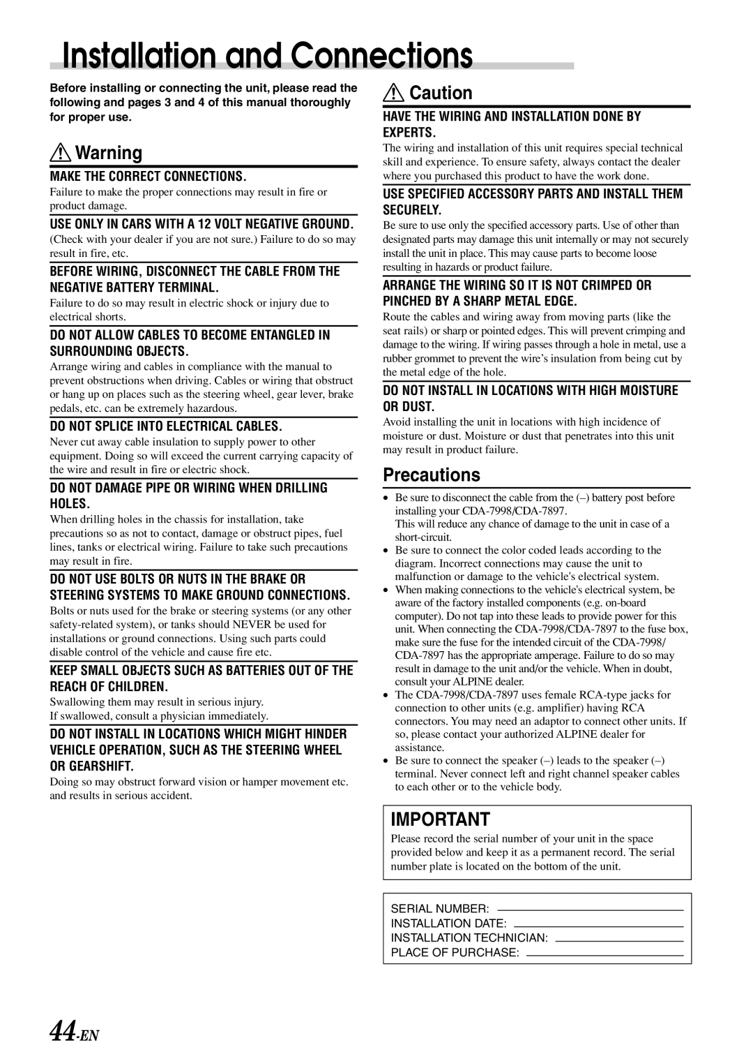 Alpine CDA-7897 owner manual Installation and Connections, Precautions 