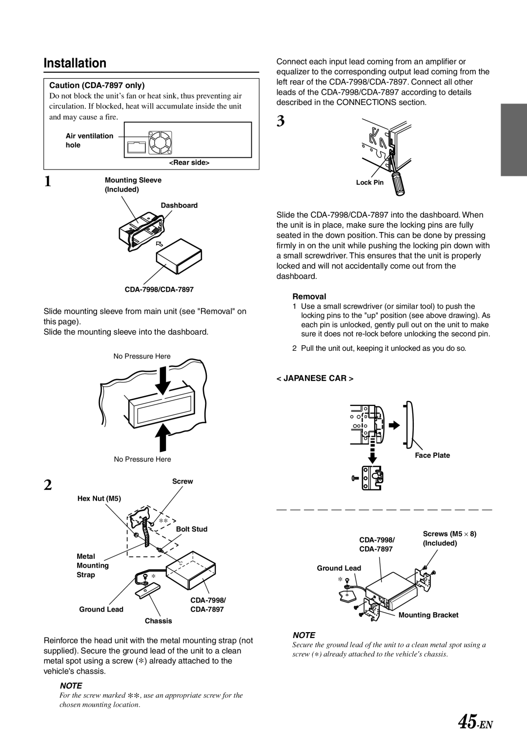 Alpine CDA-7897 owner manual Installation, Removal 