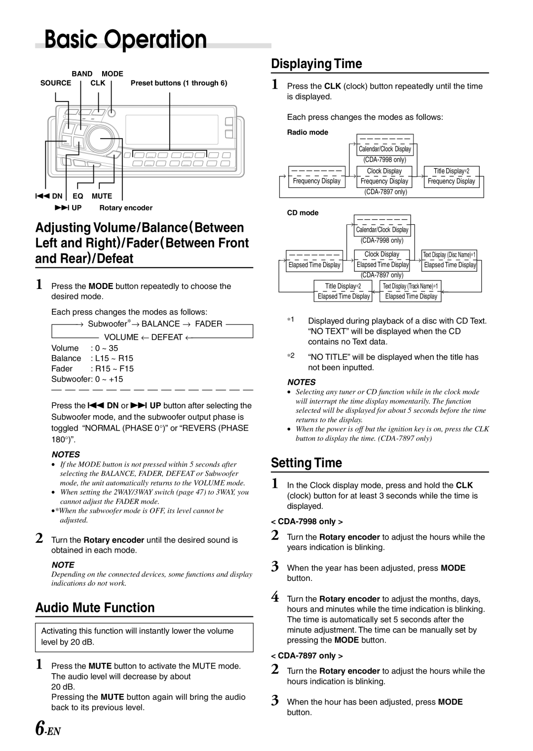 Alpine owner manual Audio Mute Function, Displaying Time, Setting Time, CDA-7998 only, CDA-7897 only 