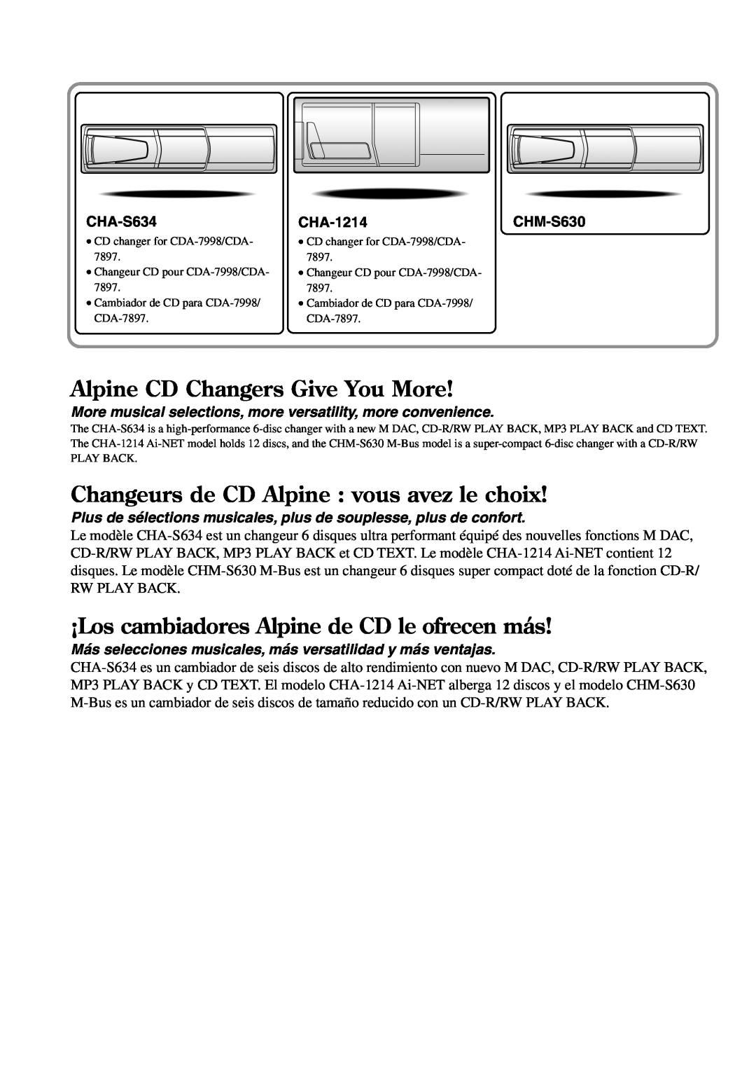 Alpine CDA-7897 Alpine CD Changers Give You More, Changeurs de CD Alpine vous avez le choix, CHA-S634, CHA-1214CHM-S630 