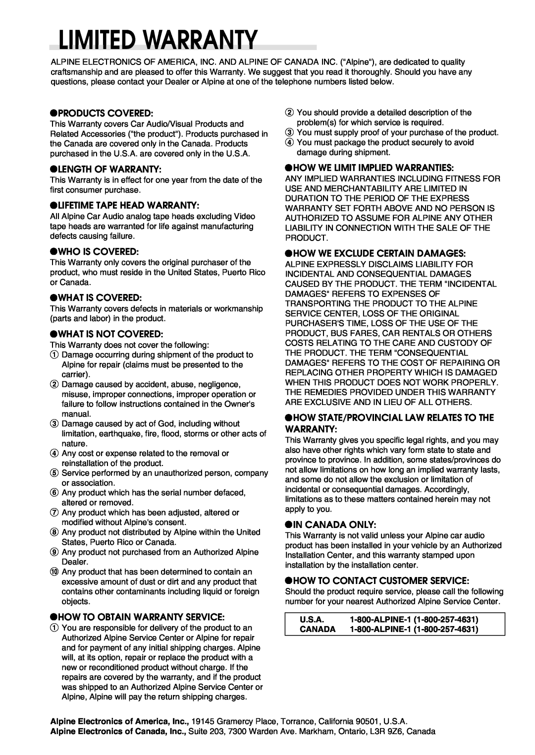 Alpine CDA-7897 owner manual Limited Warranty 