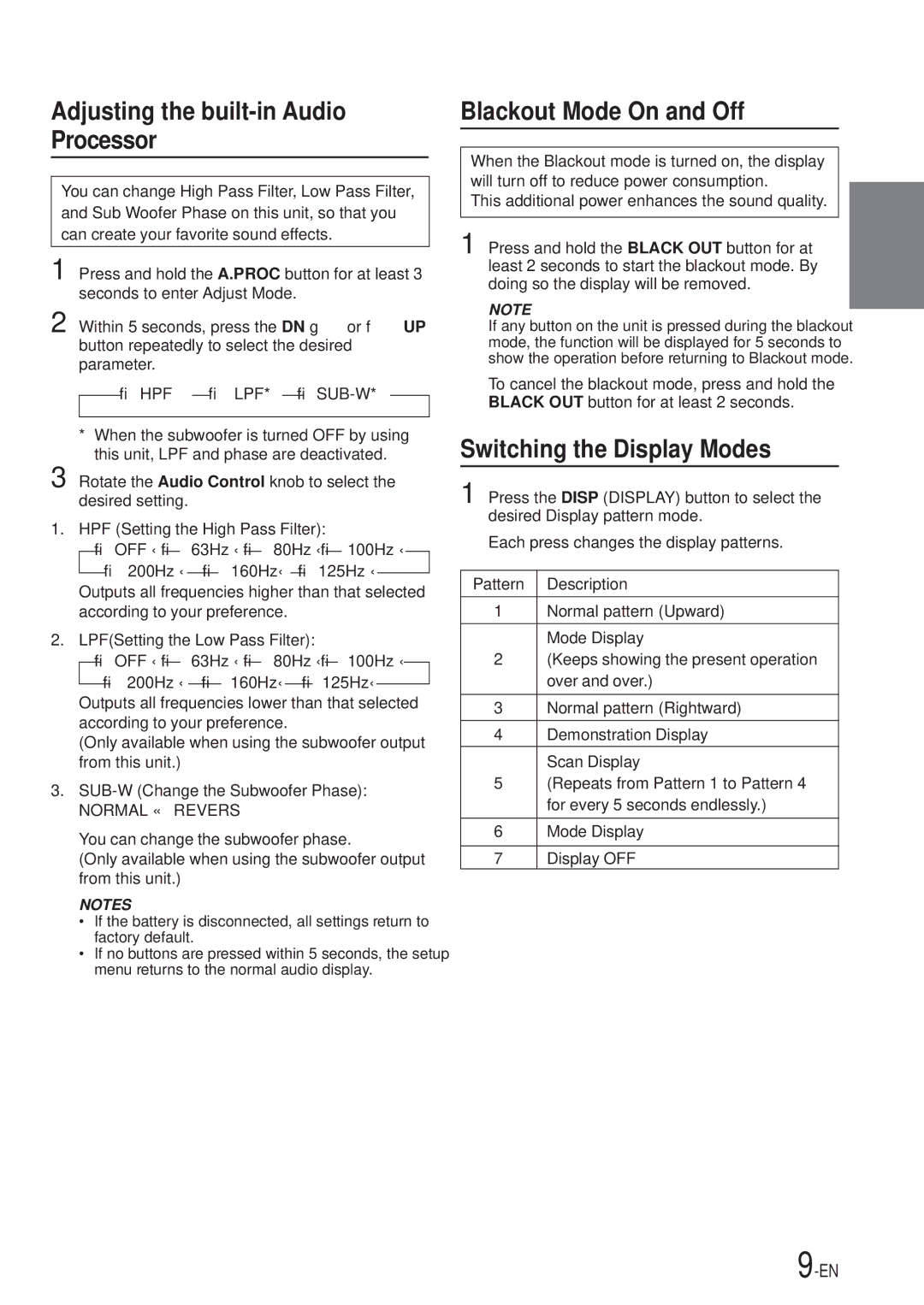Alpine CDA-7867, CDA-7969 Adjusting the built-in Audio Processor, Blackout Mode On and Off, Switching the Display Modes 