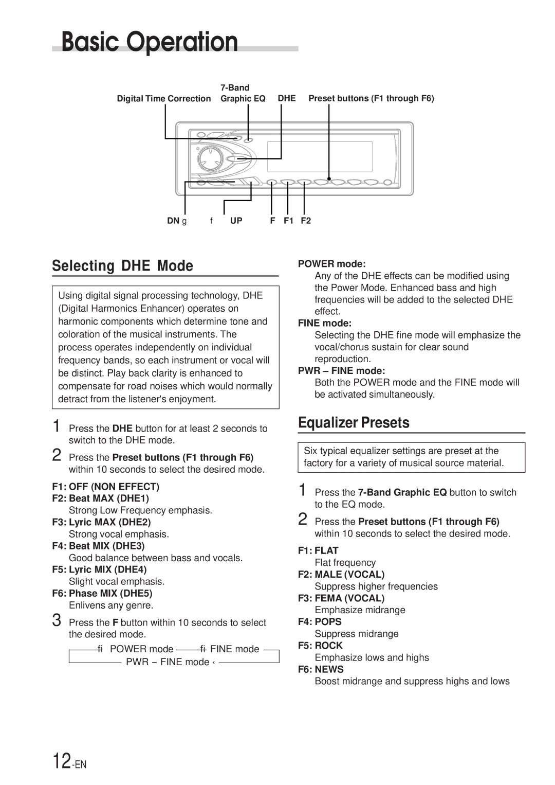 Alpine CDA-7969, CDA-7867 owner manual Selecting DHE Mode, Equalizer Presets 