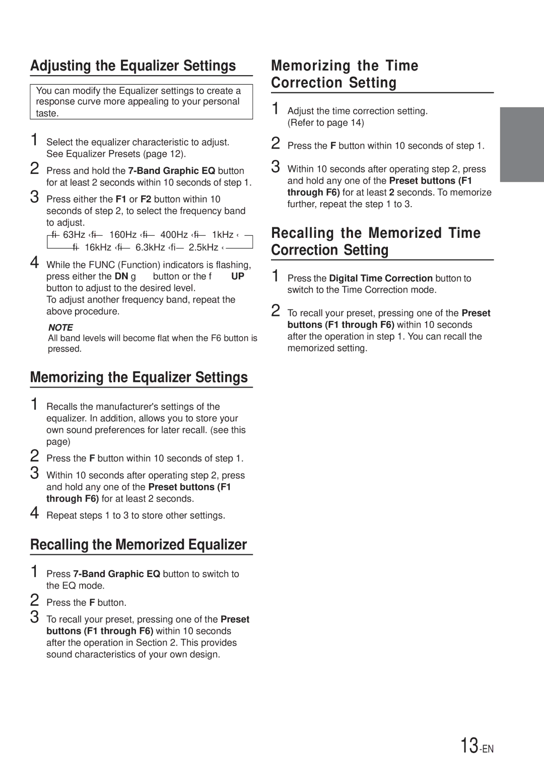 Alpine CDA-7867, CDA-7969 owner manual Adjusting the Equalizer Settings, Memorizing the Time Correction Setting 