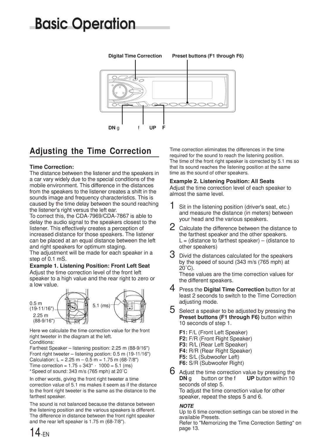 Alpine CDA-7969, CDA-7867 owner manual Adjusting the Time Correction, Example 1. Listening Position Front Left Seat 