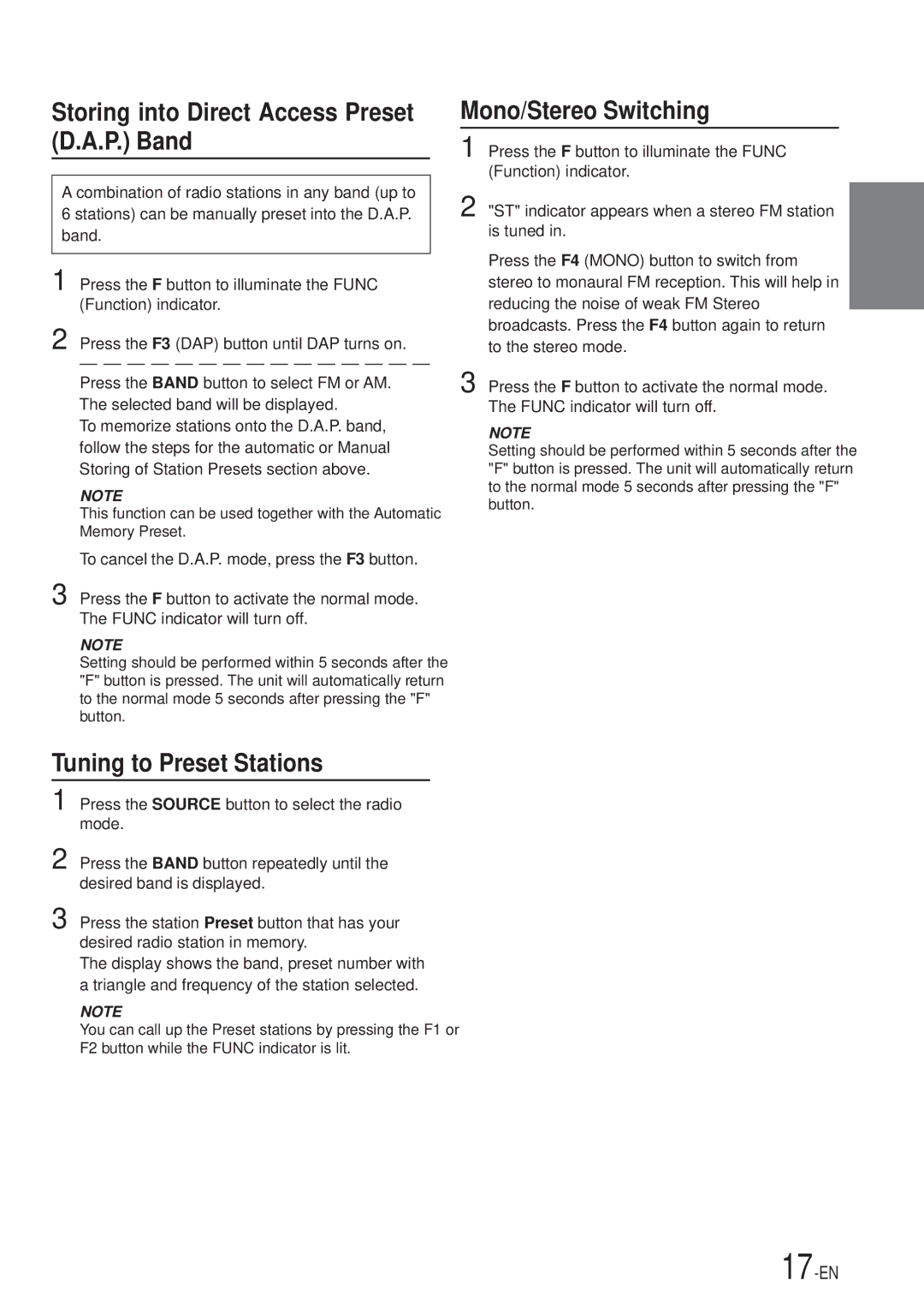 Alpine CDA-7867, CDA-7969 Storing into Direct Access Preset D.A.P. Band, Tuning to Preset Stations, Mono/Stereo Switching 