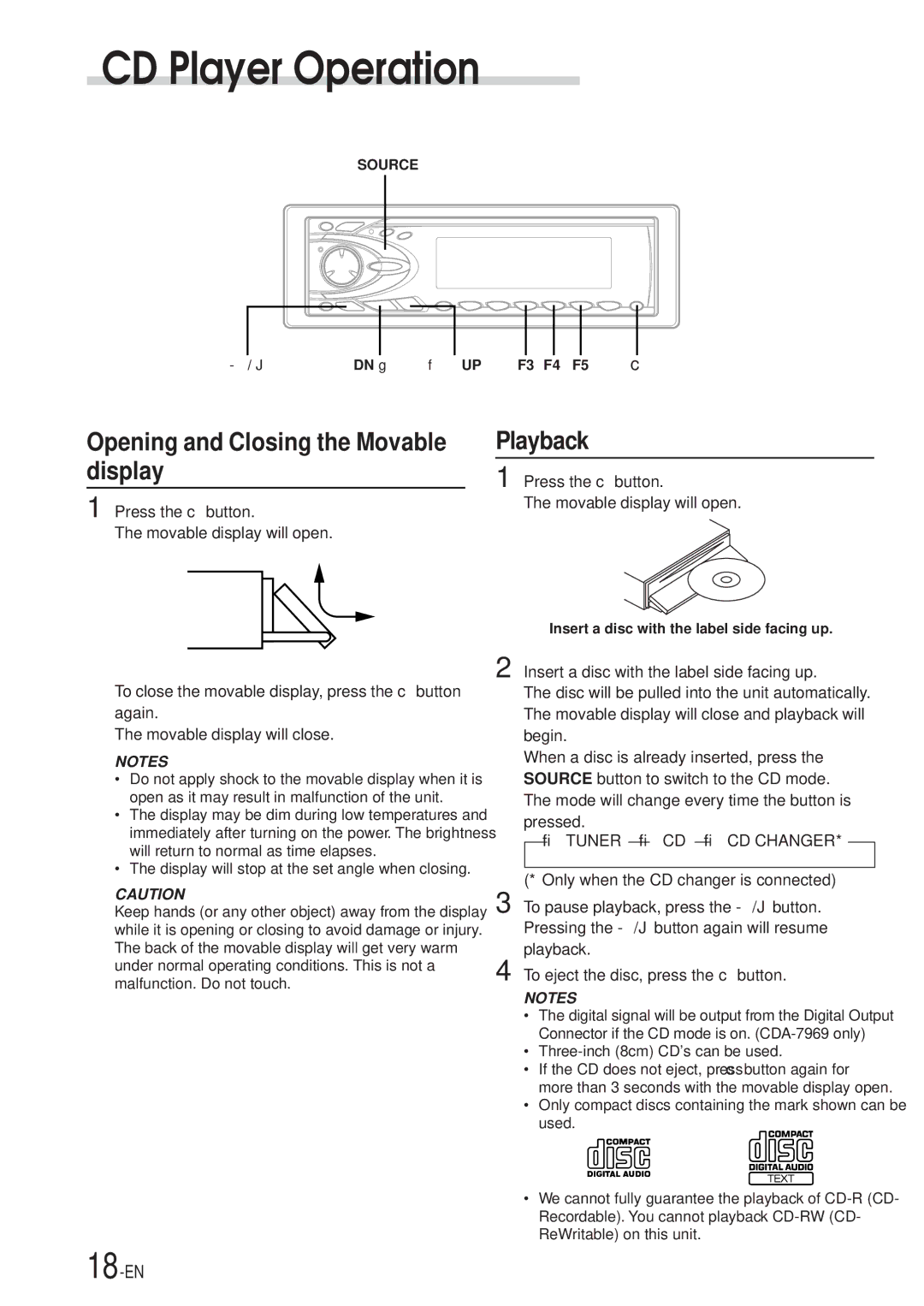 Alpine CDA-7969, CDA-7867 owner manual CD Player Operation, Opening and Closing the Movable display, Playback 