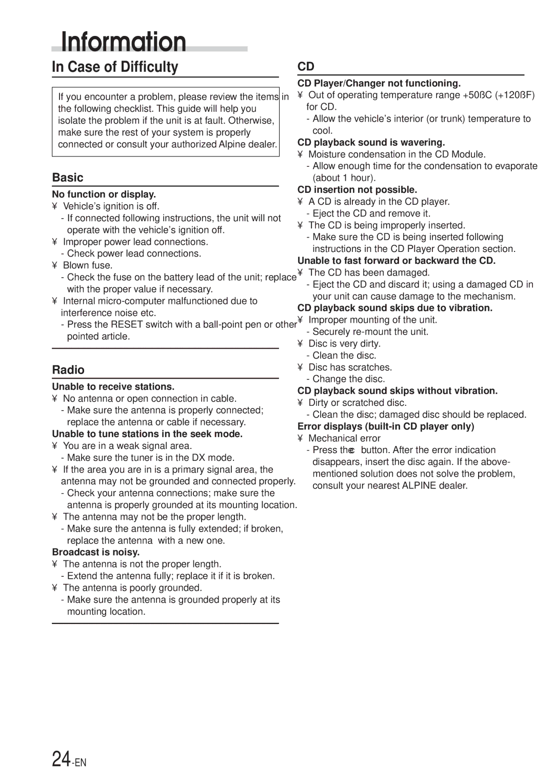 Alpine CDA-7969, CDA-7867 owner manual Information, Case of Difficulty 